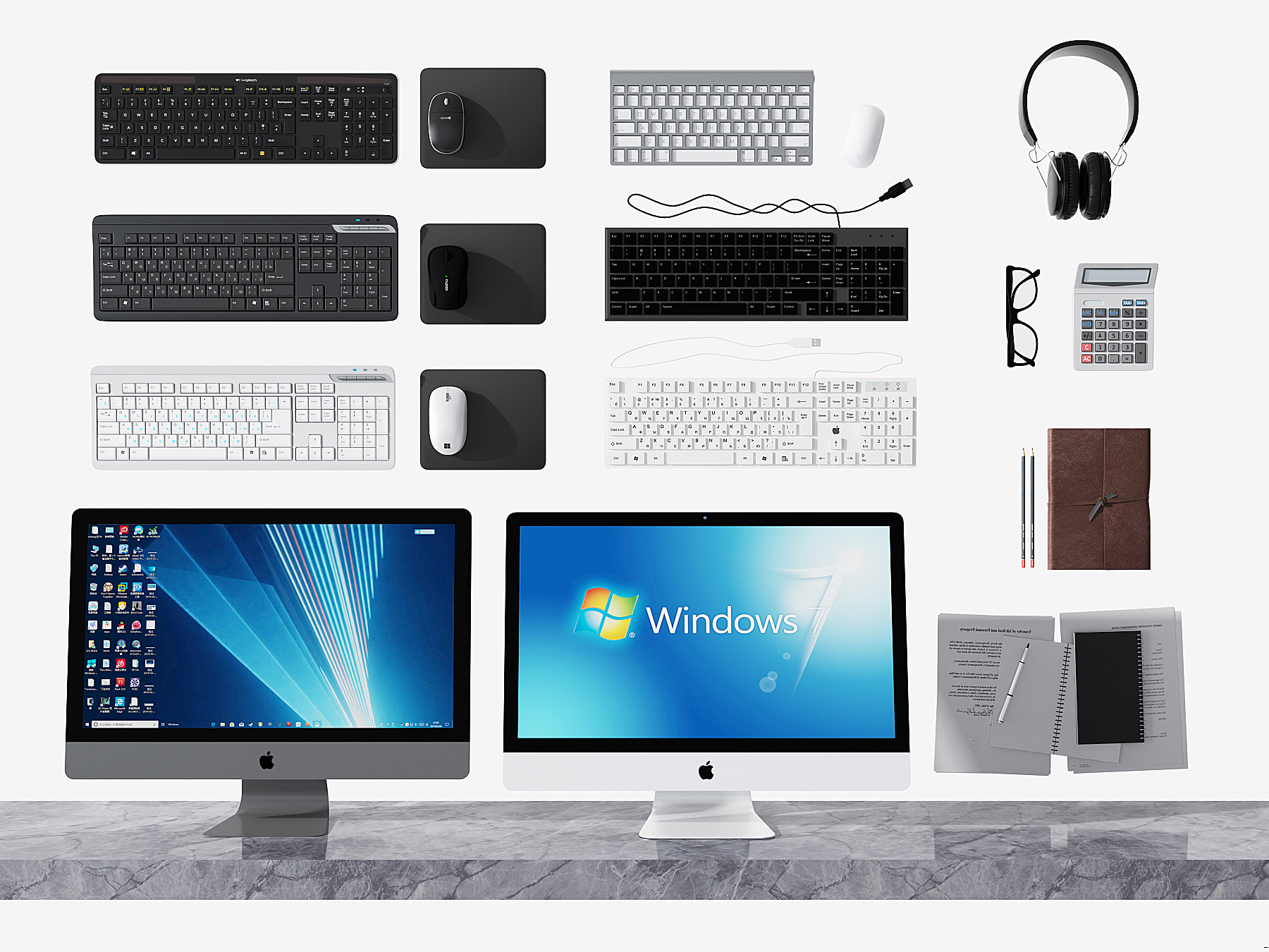 现代电脑键盘，鼠标，耳麦苹果台式机，一体机3d模型下载