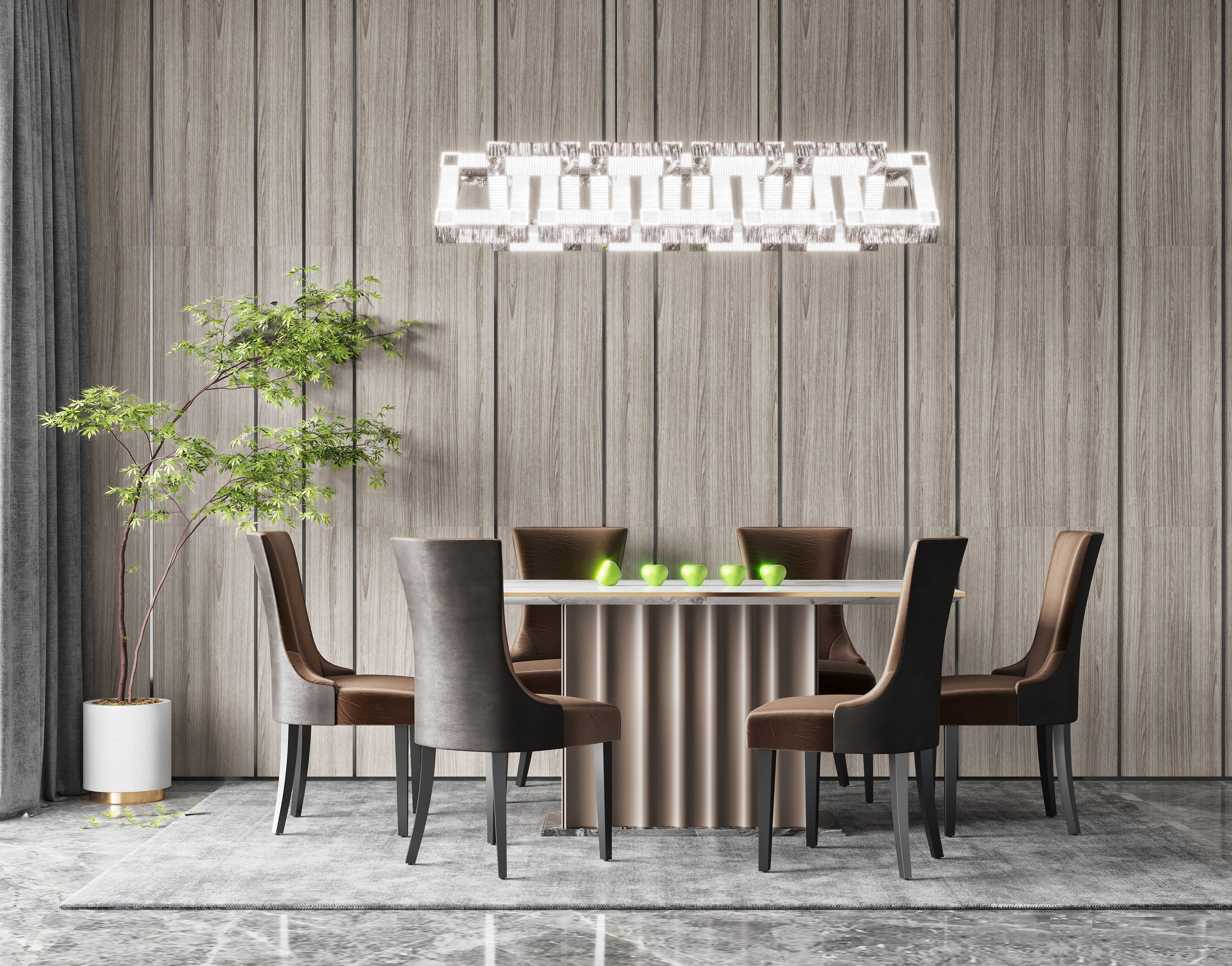 现代餐桌椅模型，绿植盆栽，水晶吊灯3d模型下载