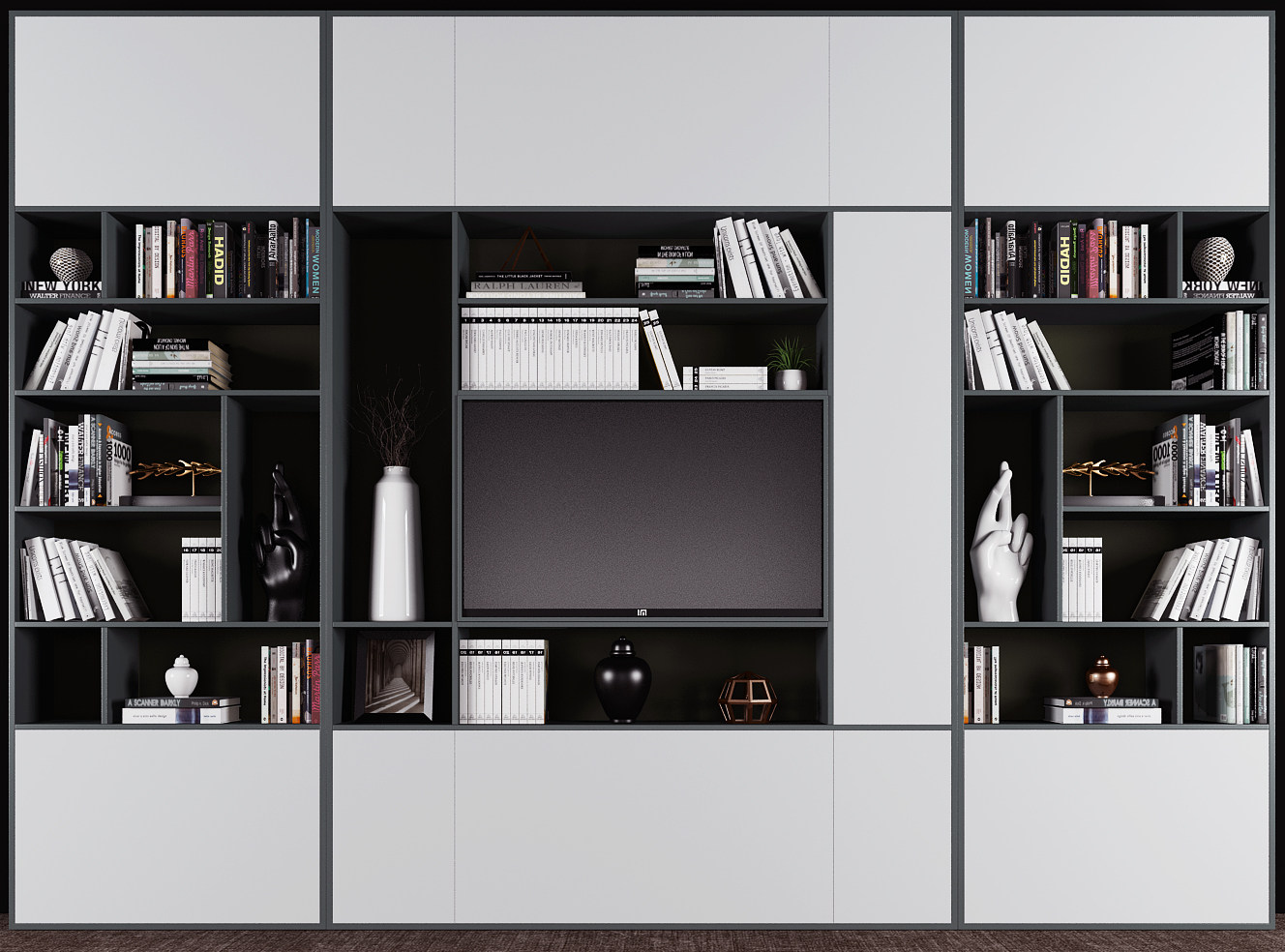 现代一体式电视柜书柜，3d模型下载