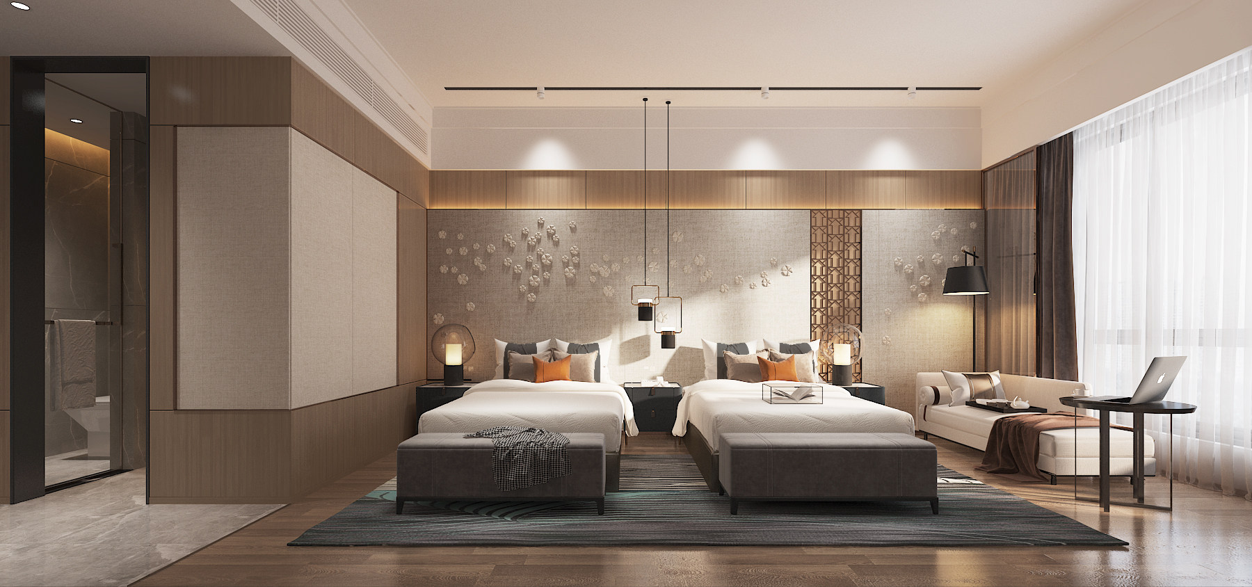 现代酒店双人床客房3d模型下载