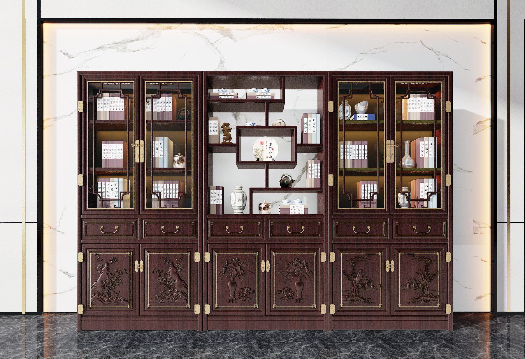 中式古典实木雕花书柜,3d模型下载