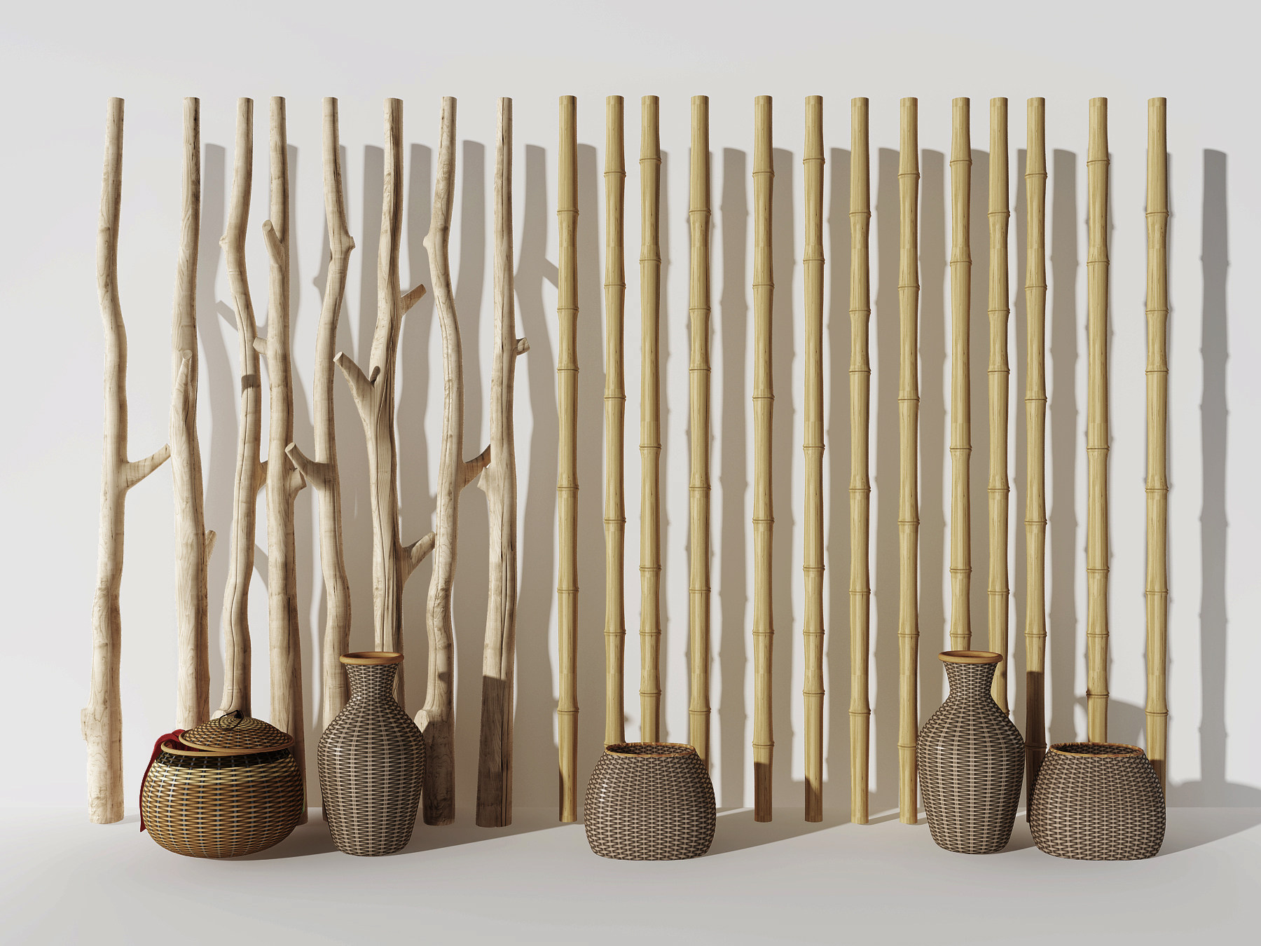 新中式原木竹子，竹竿隔断,3d模型下载