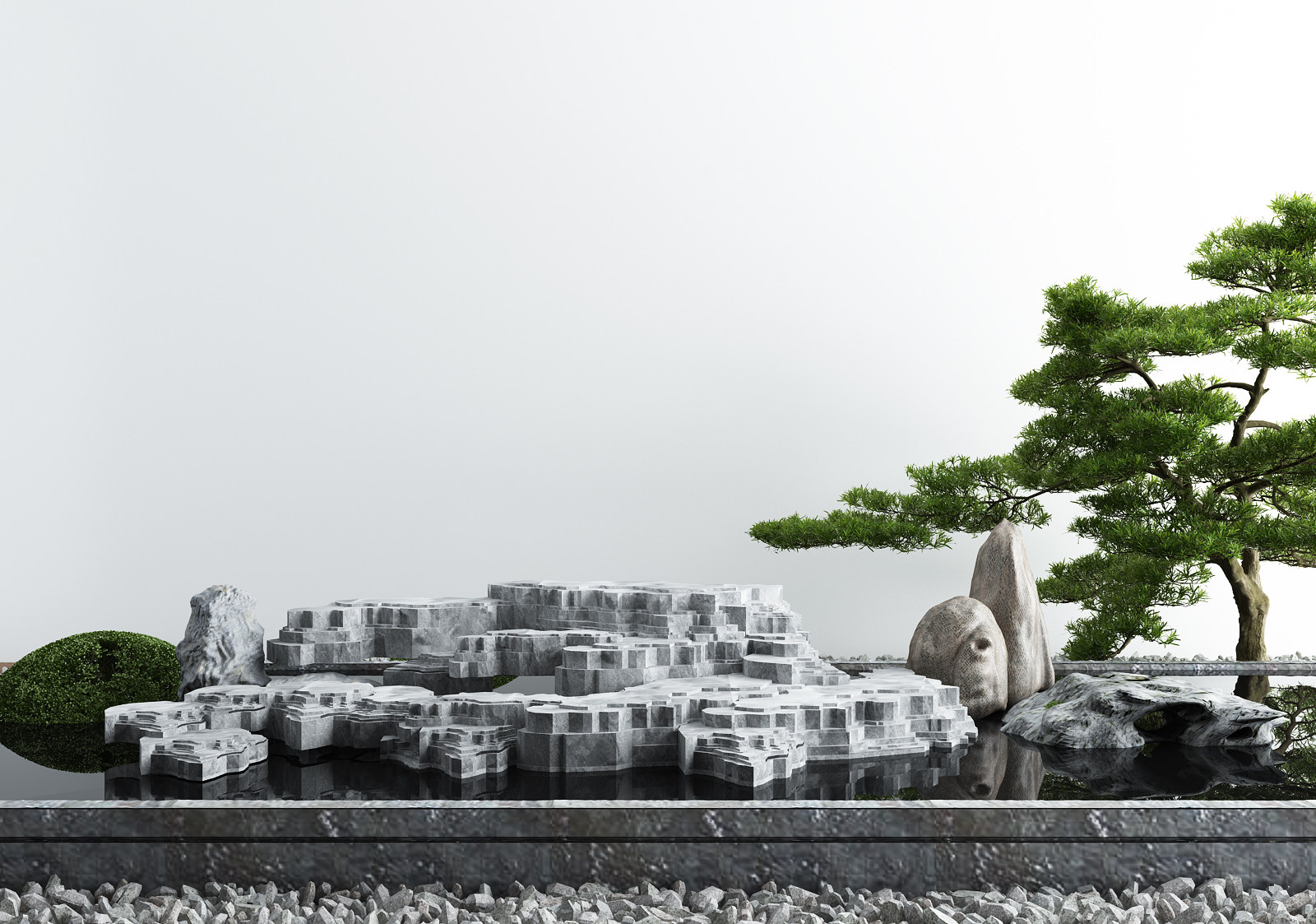 新中式庭院景观小品水景假山3d模型下载