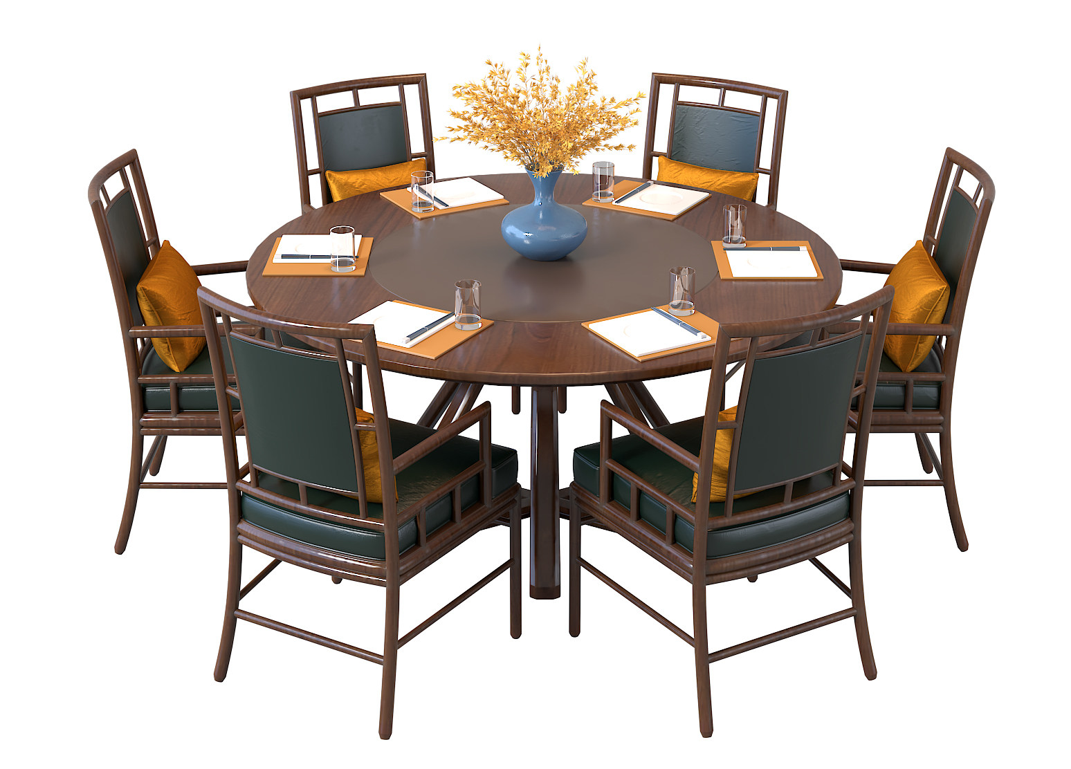 中式圆形餐桌椅3d模型下载