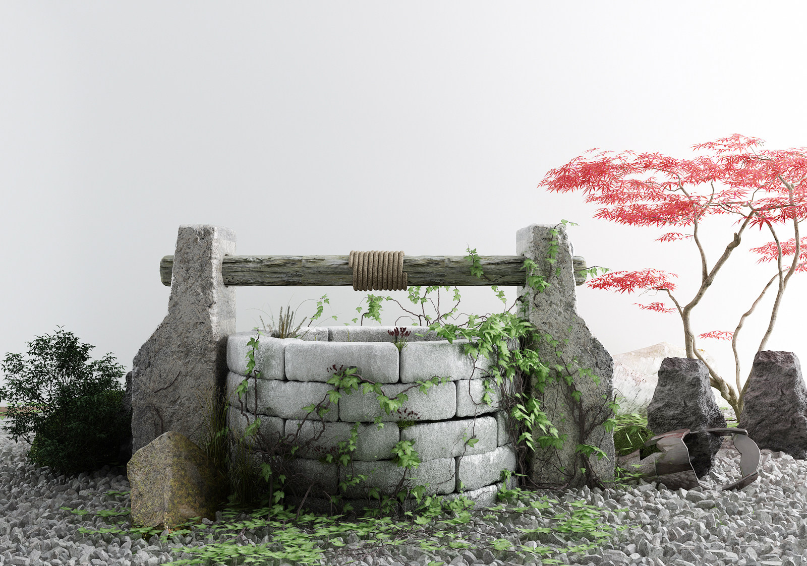 新中式庭院景观小品古井3d模型下载