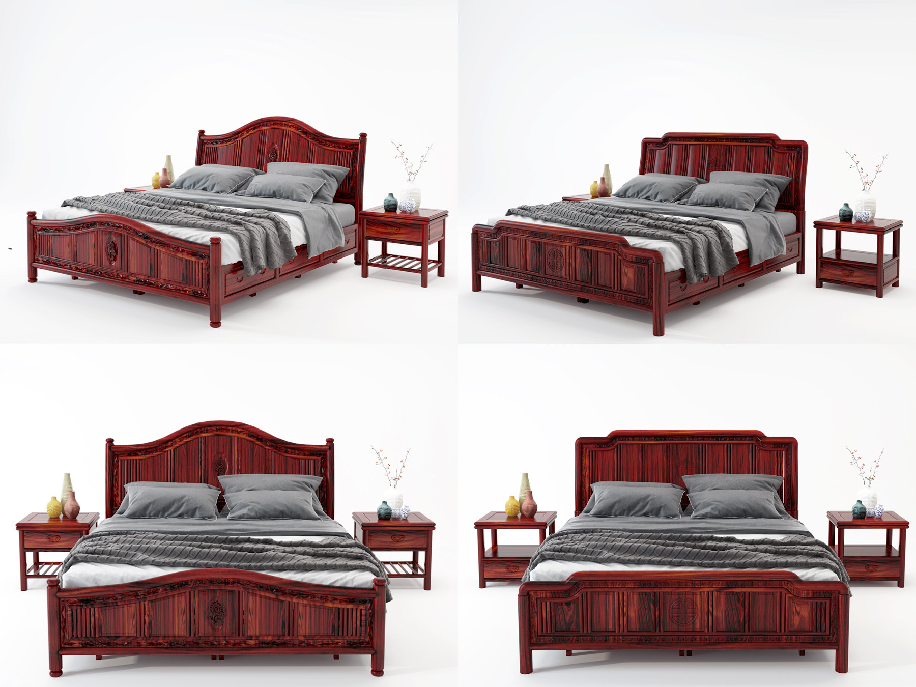 中式美式红木实木双人床床头柜组合3d模型下载
