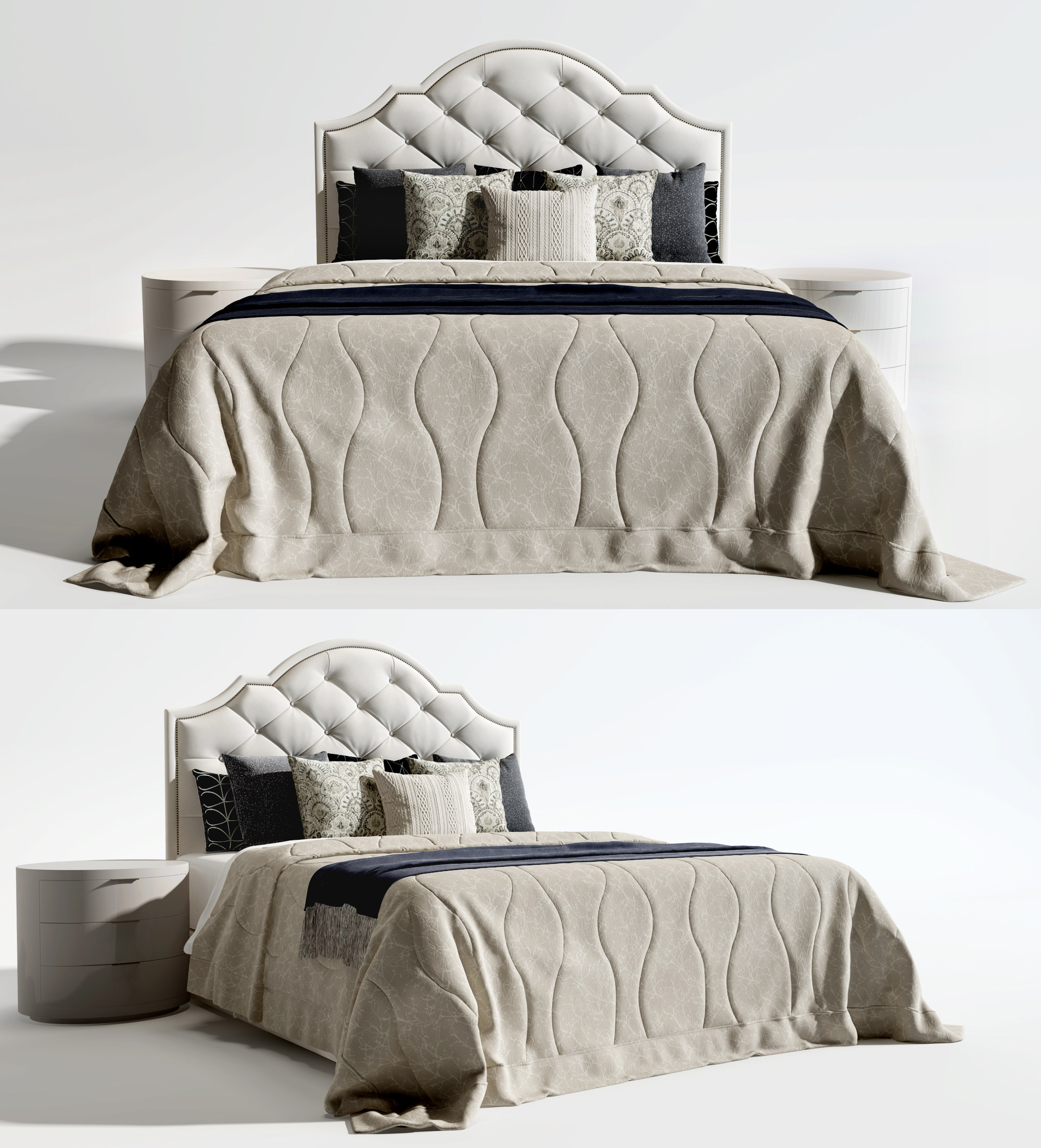简欧式布艺双人床,床头柜组合3d模型下载