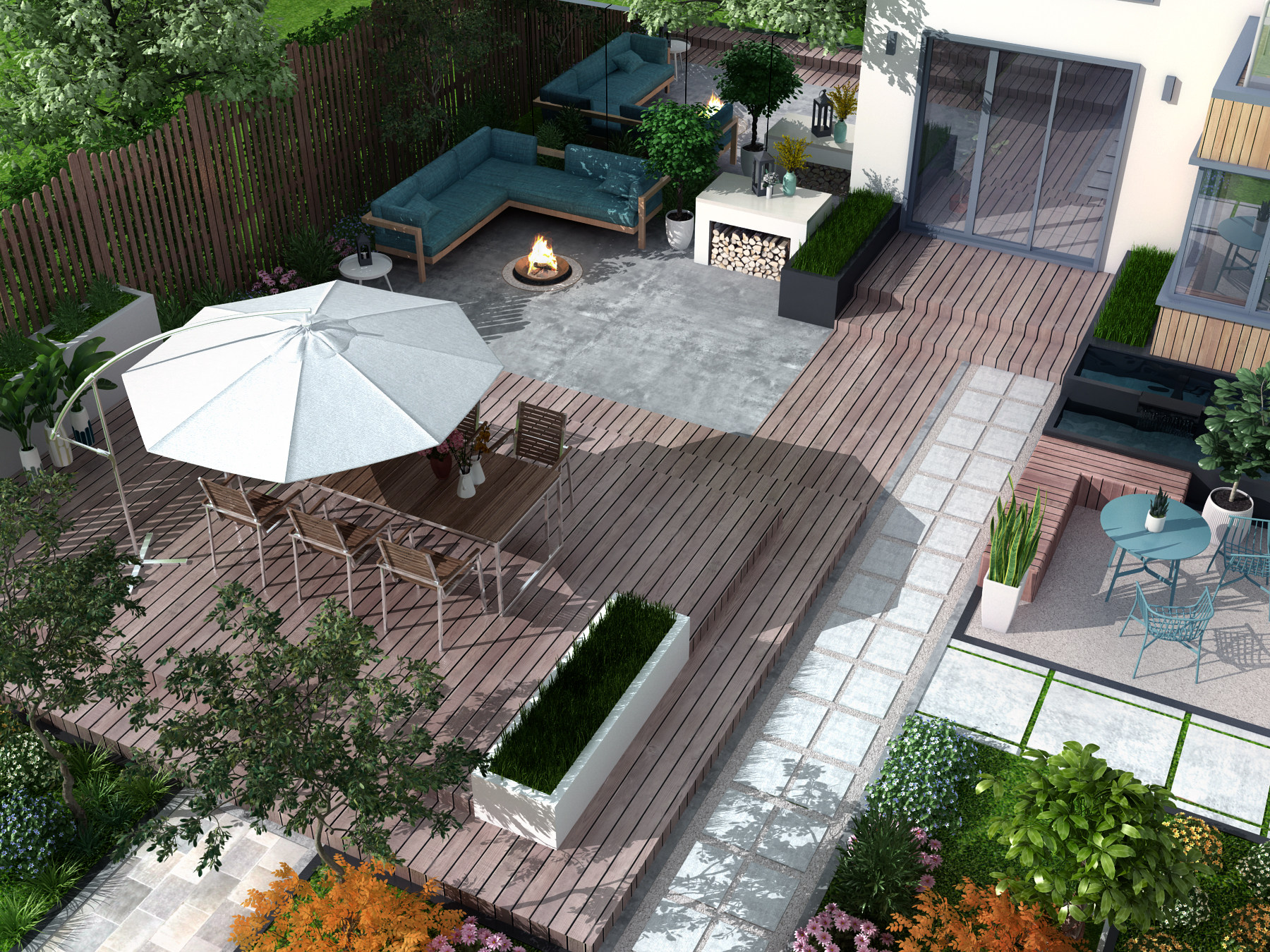 现代别墅庭院花园3d模型下载