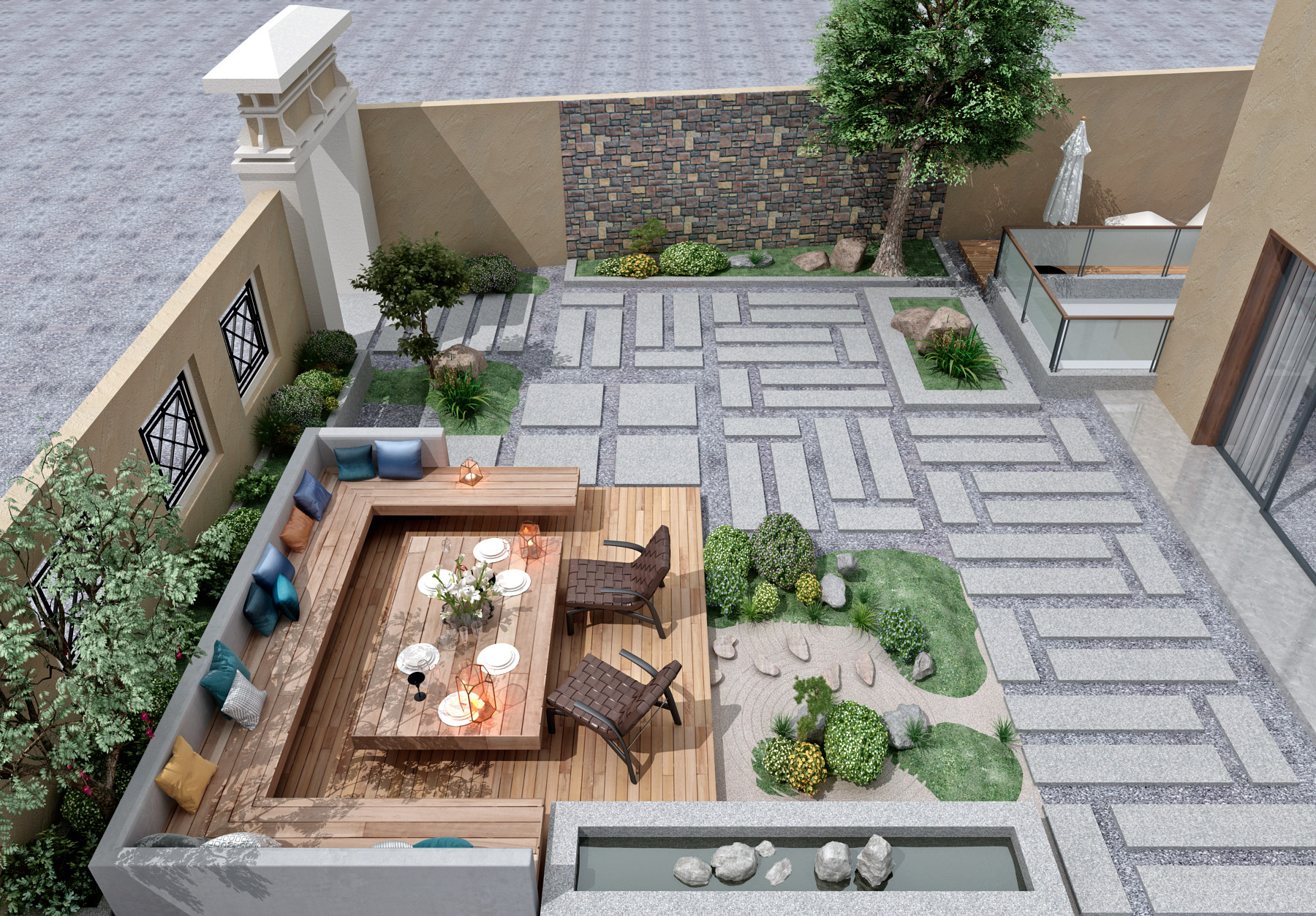 现代新中式庭院景观花园3d模型下载