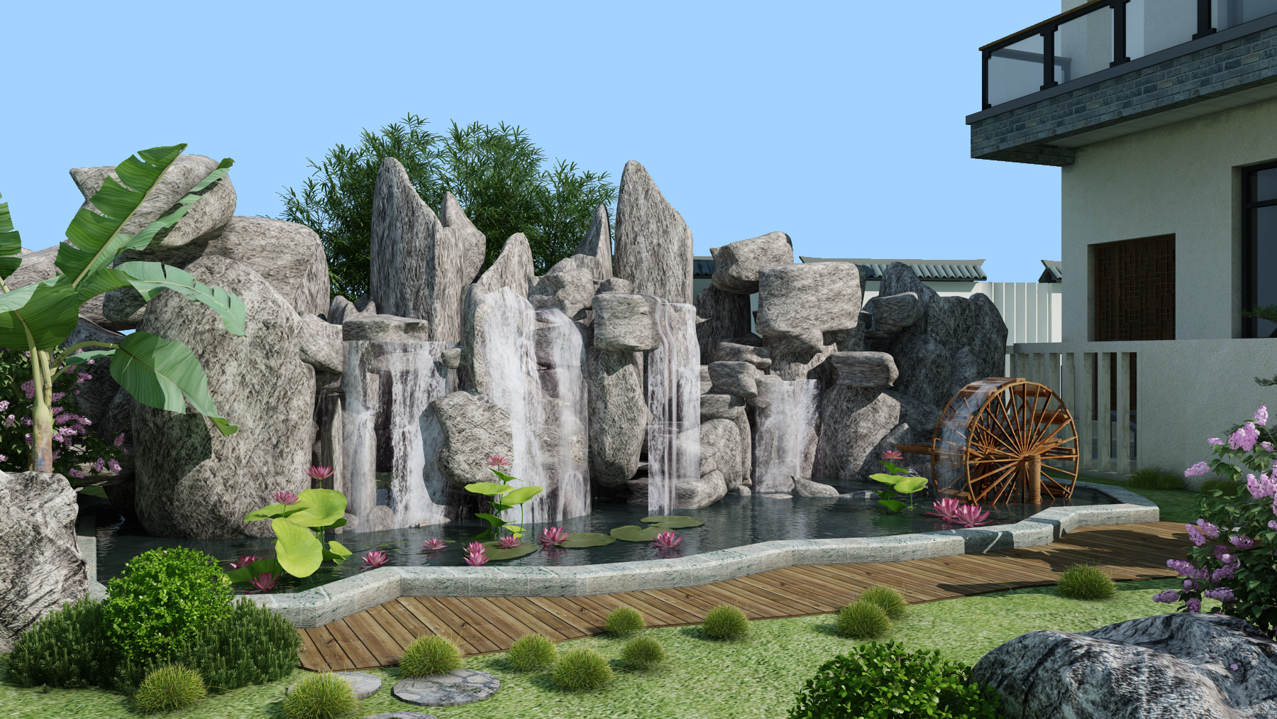 现代假山叠水，水车景观花园3d模型下载