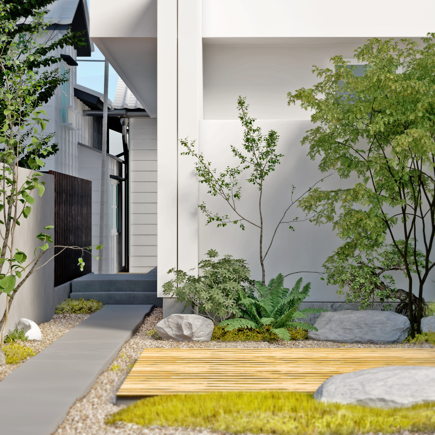现代庭院花园,绿植,石头,石子,木地板3d模型下载