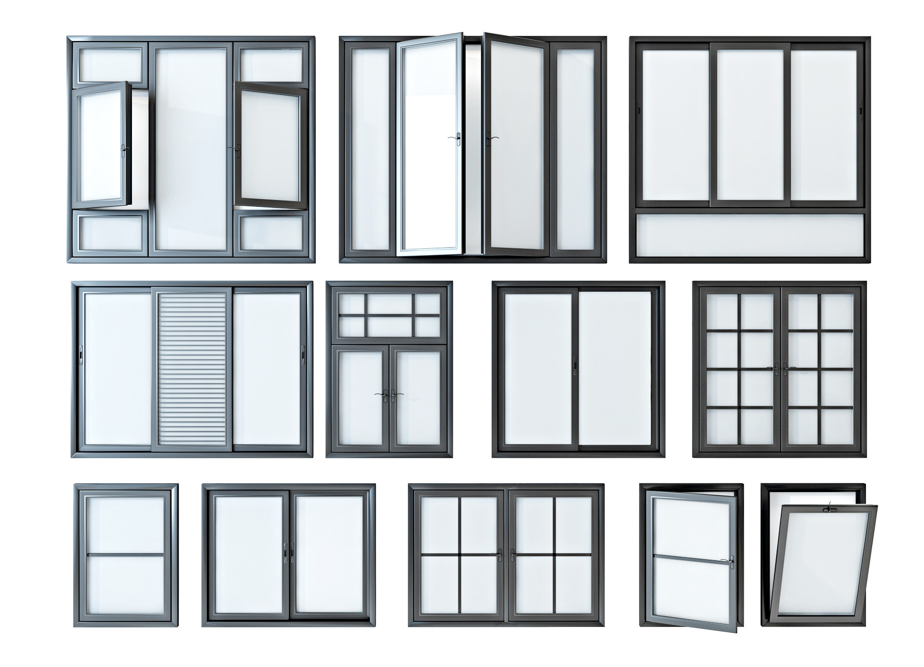 现代铝合金窗户，门窗3d模型下载