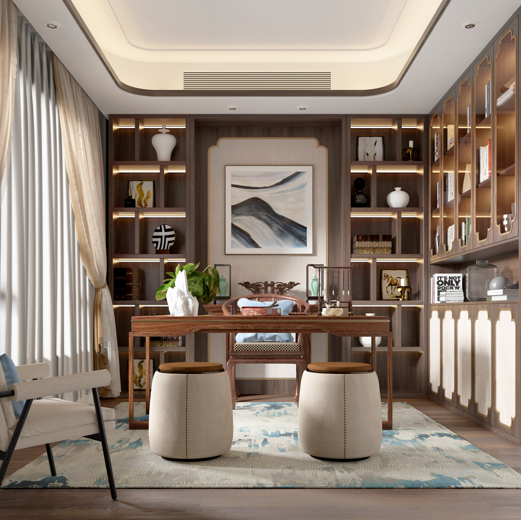 新中式书房，古典实木书桌椅圈椅3d模型下载