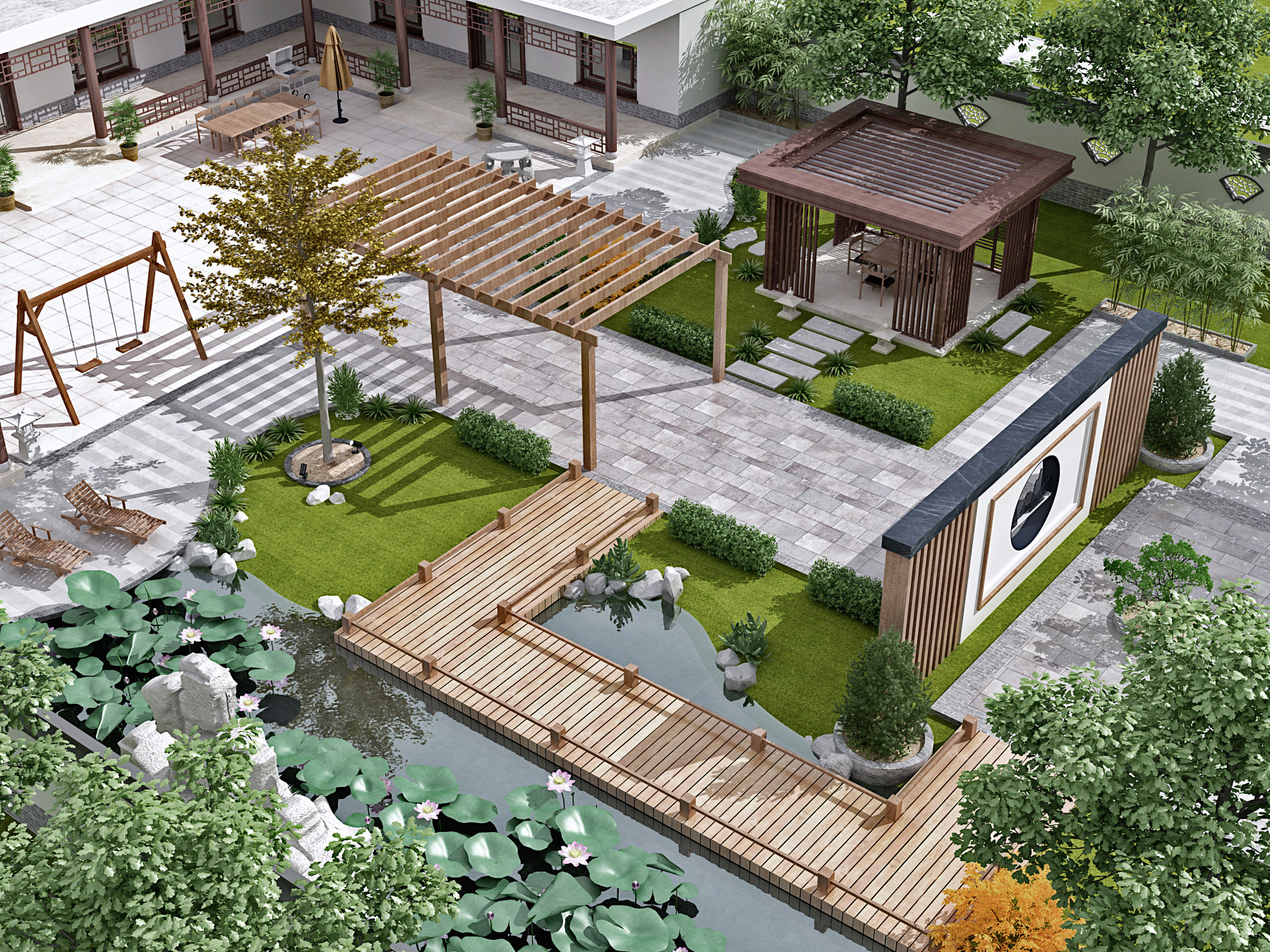 新中式别墅庭院3d模型下载