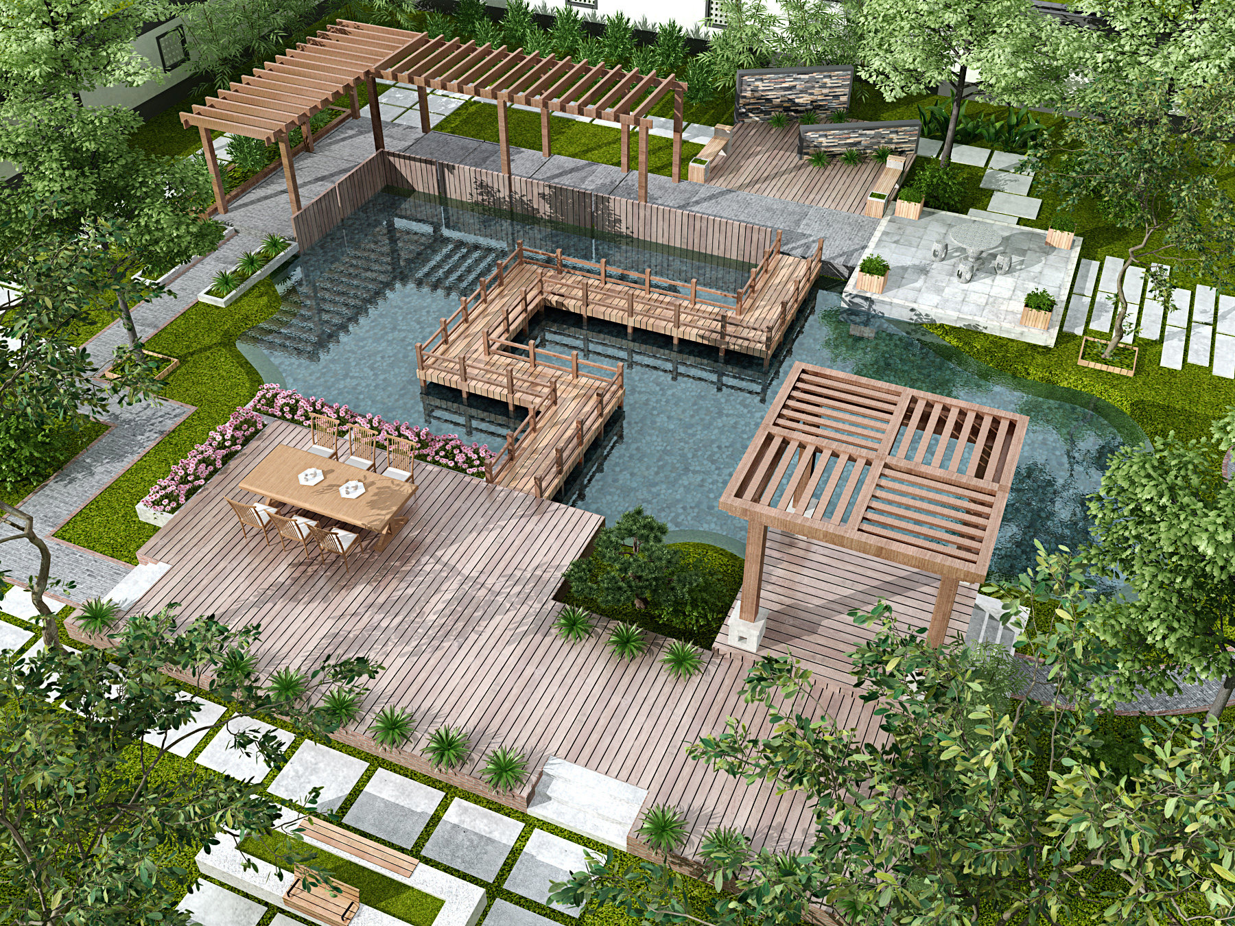 新中式景观庭院花园3d模型下载