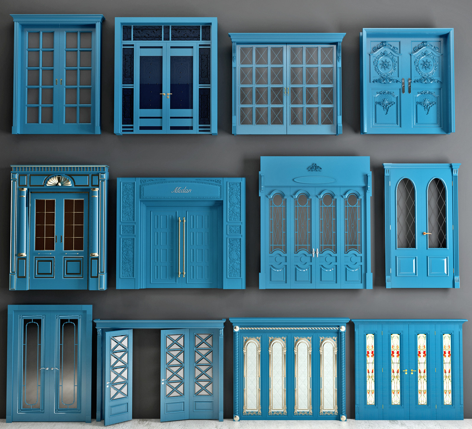 欧式蓝色欧式雕花玻璃门大门3d模型下载