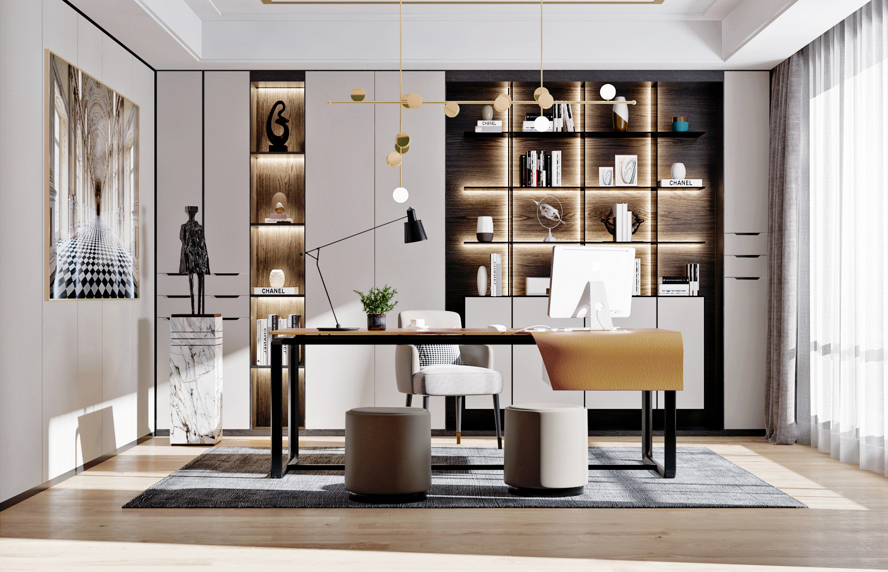 现代轻奢书房,书桌椅，书柜，台灯显示器3d模型下载