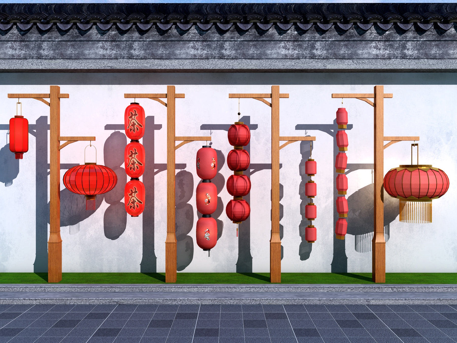 中式日式灯笼景观路灯，大红灯笼3d模型下载