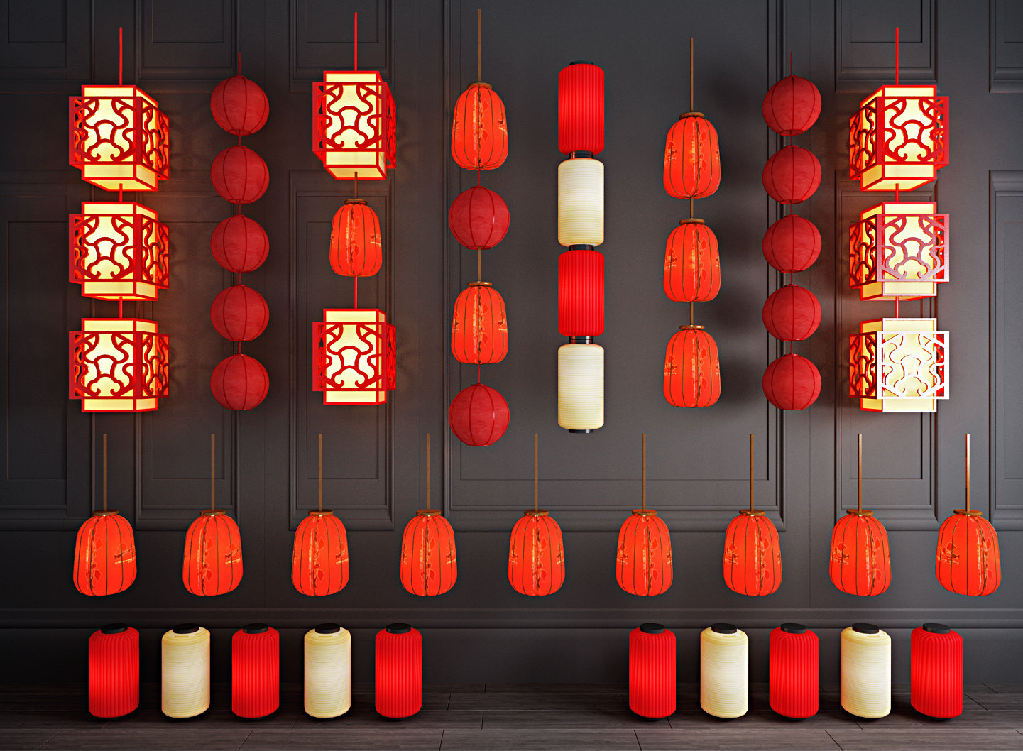 新中式红色灯笼吊灯组合3d模型下载