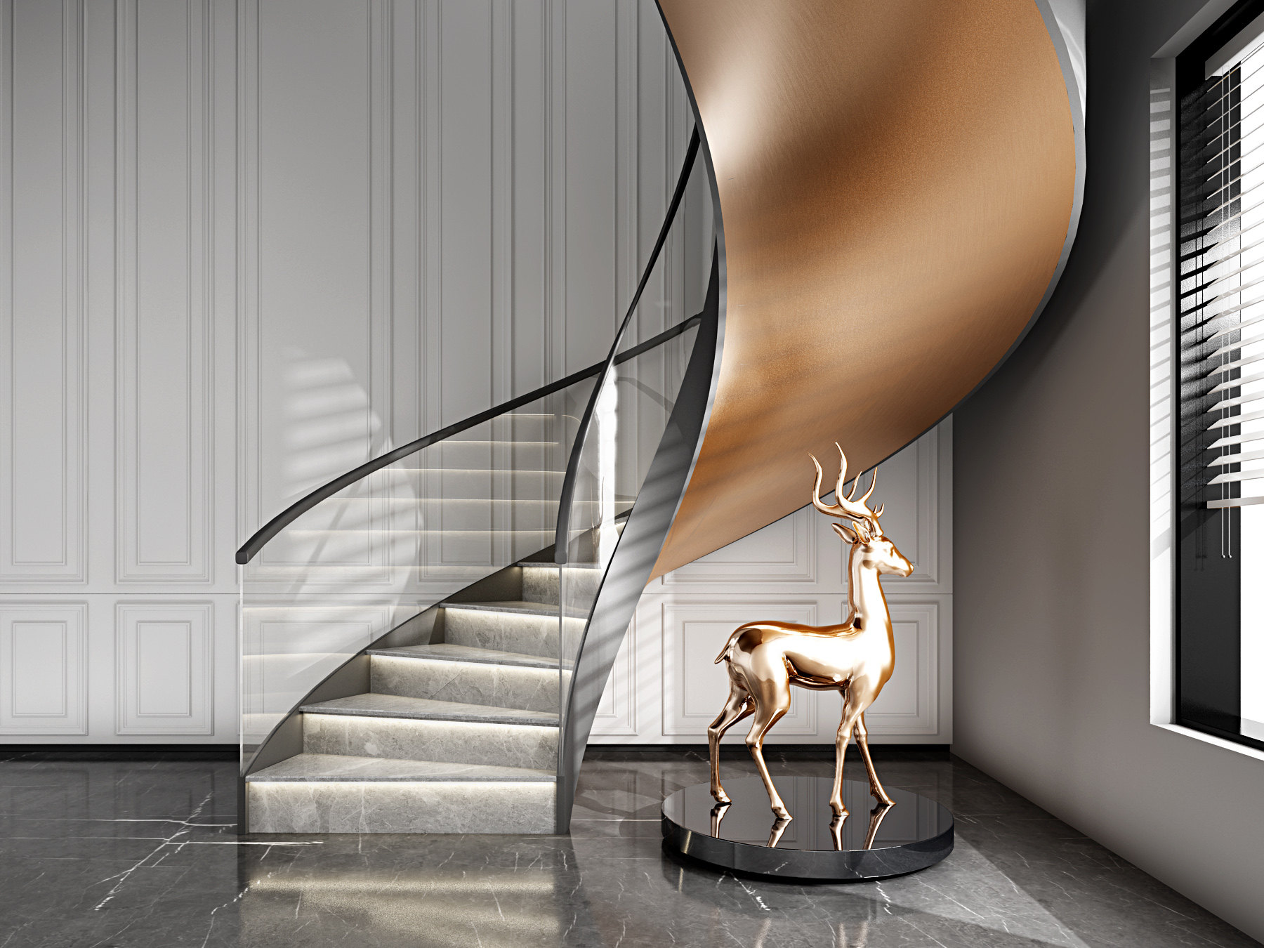 现代玻璃旋转楼梯金属鹿麋鹿雕塑3d模型下载