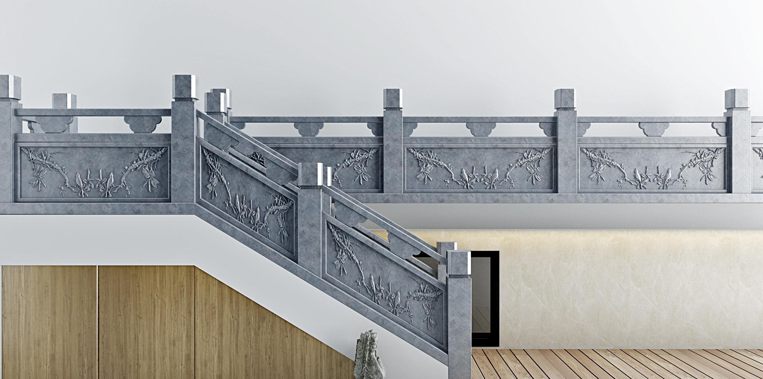 新中式大理石，玉石楼梯护栏3d模型下载