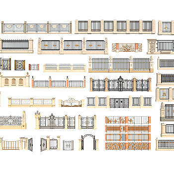 欧式新中式铁艺护栏院墙围墙，大门3d模型下载