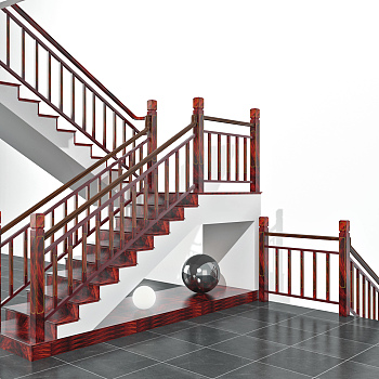 新中式实木楼梯，栏杆3d模型下载