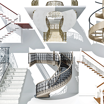 简欧，欧式铁艺栏杆旋转楼梯组合3d模型下载