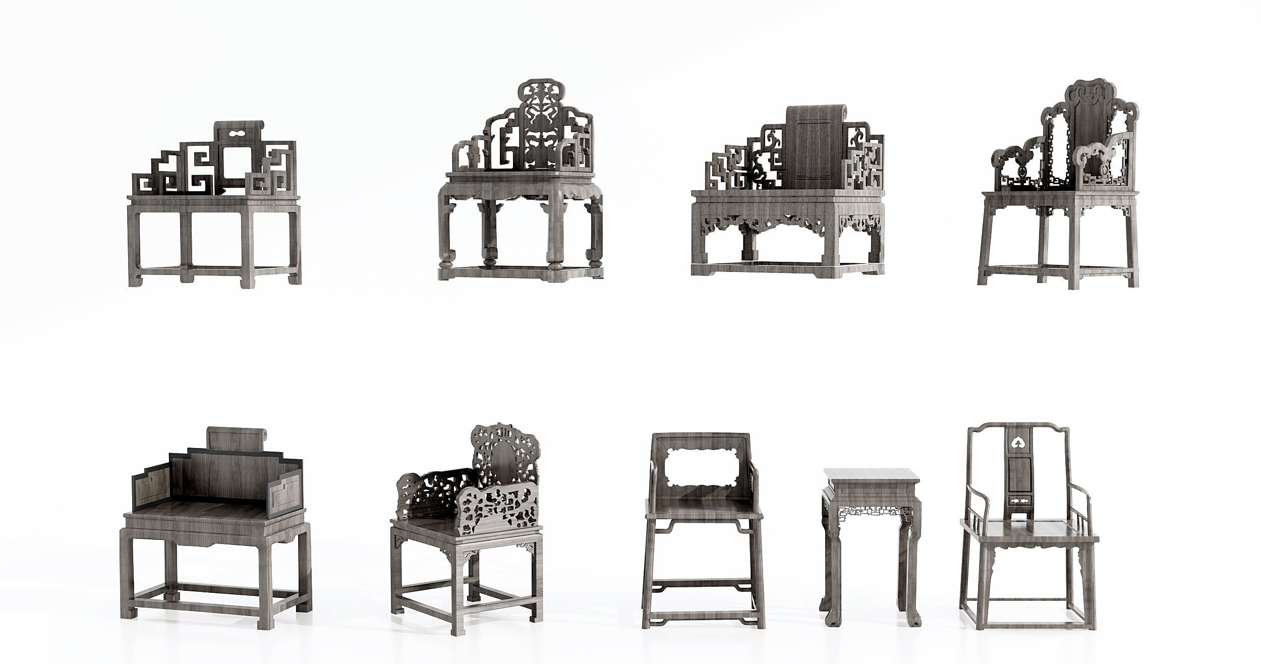 中式明清古典雕花太师椅，单椅，椅子，花架3d模型下载