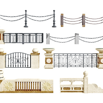 欧式石材铁艺围墙栏杆护栏，桥护栏围墙院墙3d模型下载