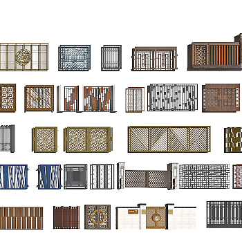 新中式铁艺庭院大门护栏构件，围栏院墙3d模型下载