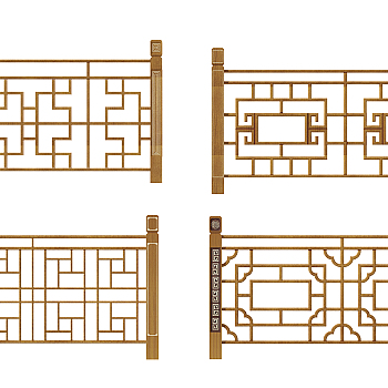 新中式实木护栏，栏杆3d模型下载