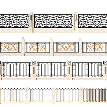欧式新中式围墙铁艺围栏，院墙，护栏3d模型下载