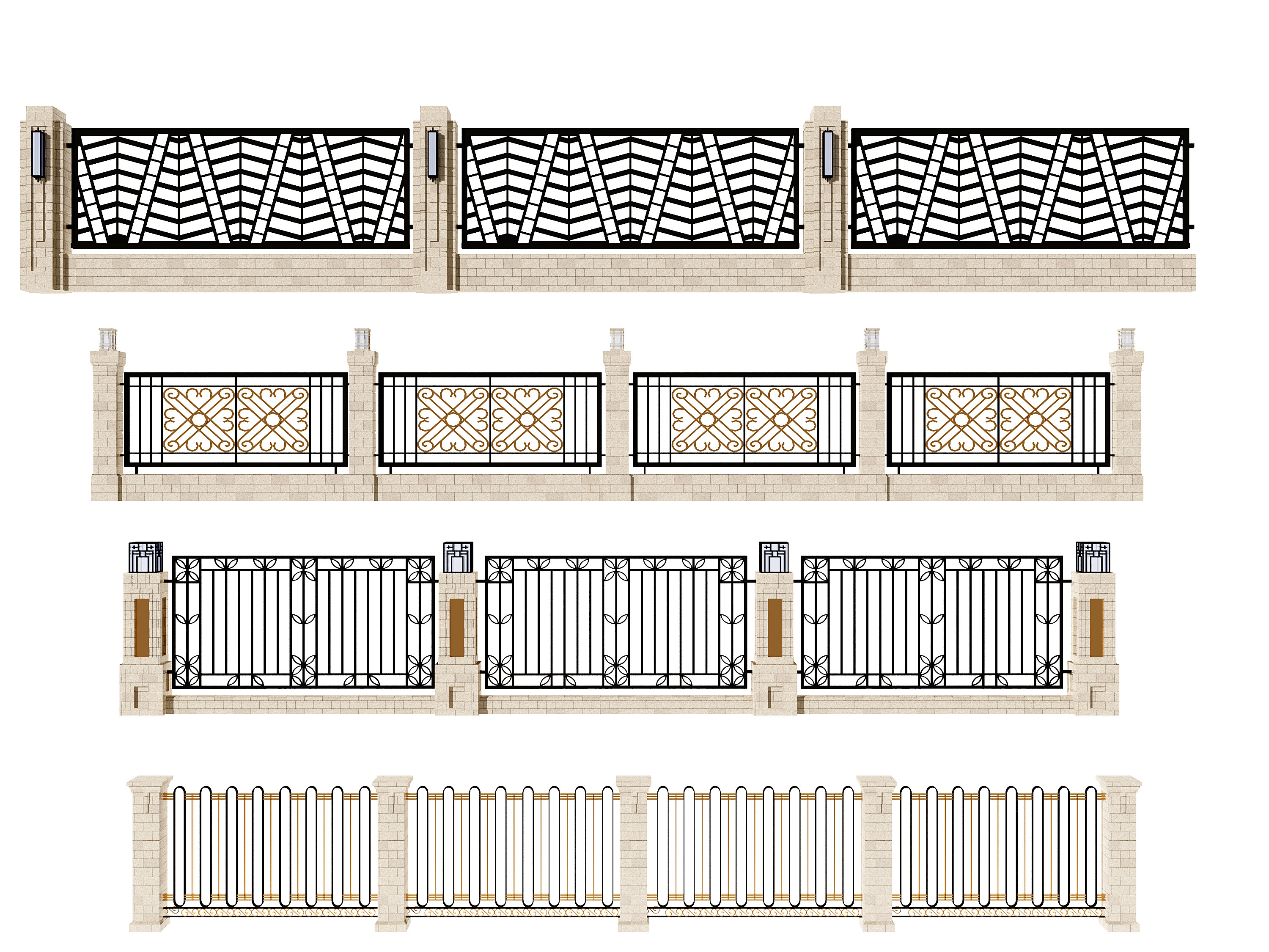 欧式新中式围墙铁艺围栏，院墙，护栏3d模型下载