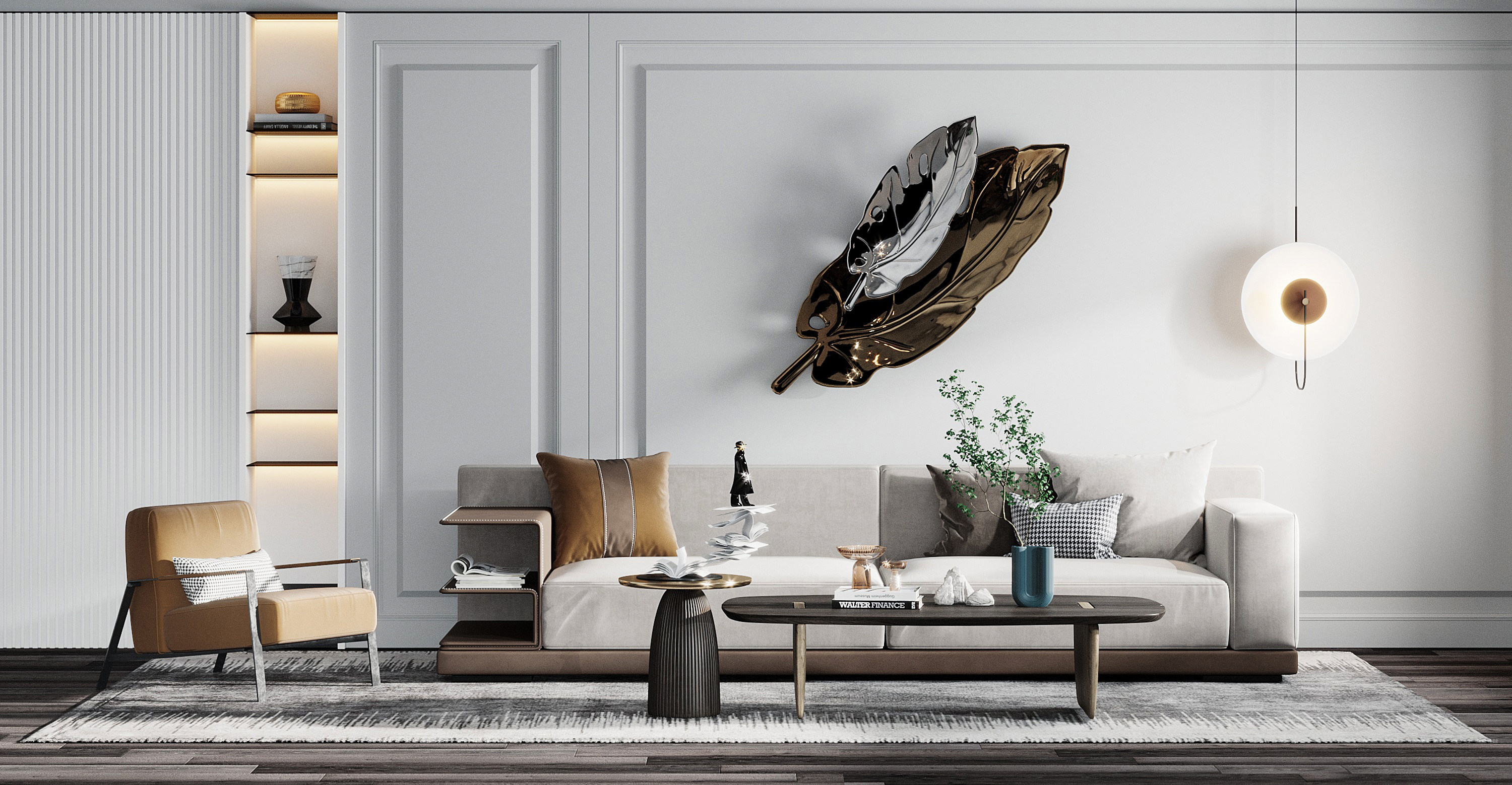现代沙发茶几组合，单人椅子，树叶挂饰挂件3d模型下载