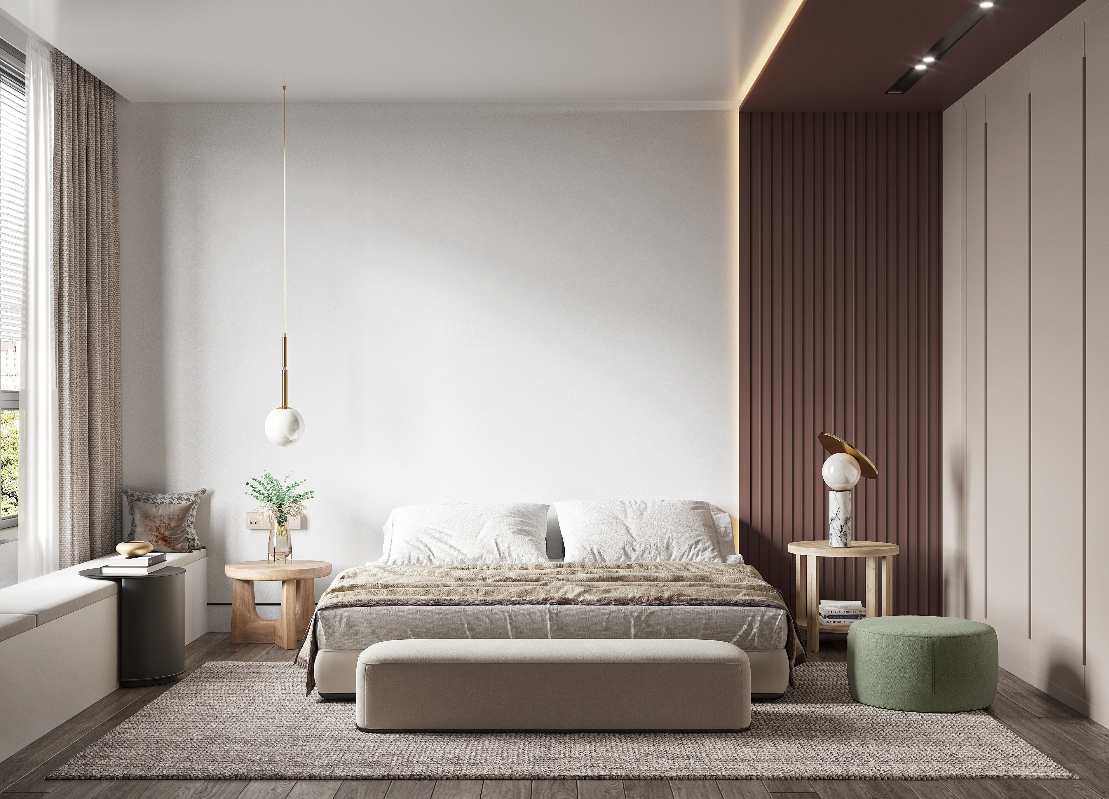 现代轻奢卧室，双人床，床头柜边几，飘窗3d模型下载