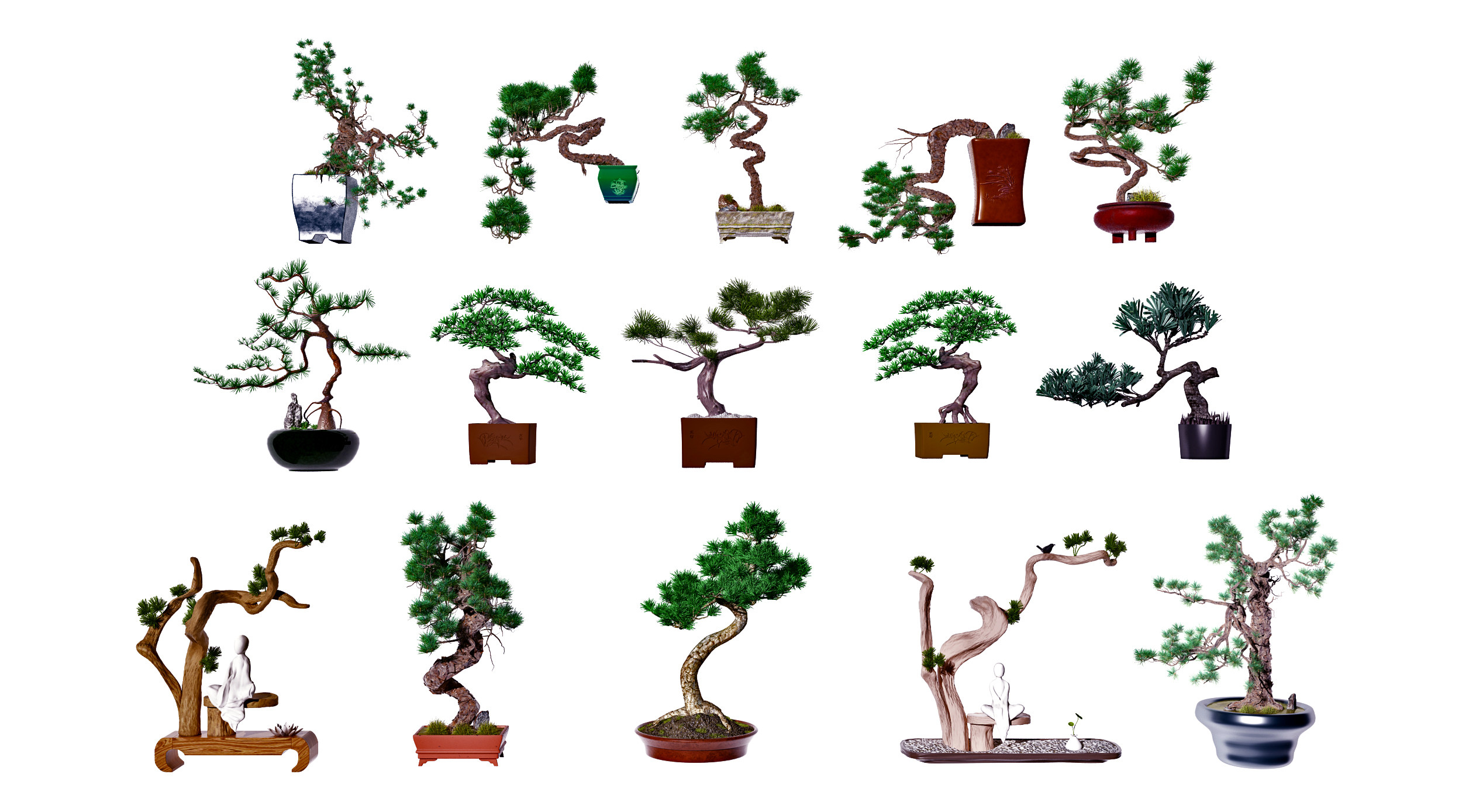 新中式松树盆栽盆景，花盆3d模型下载
