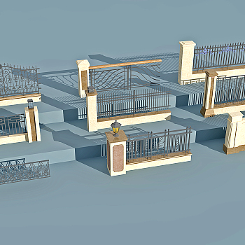 欧式铁艺栏杆大门，围墙，护栏院墙3d模型下载