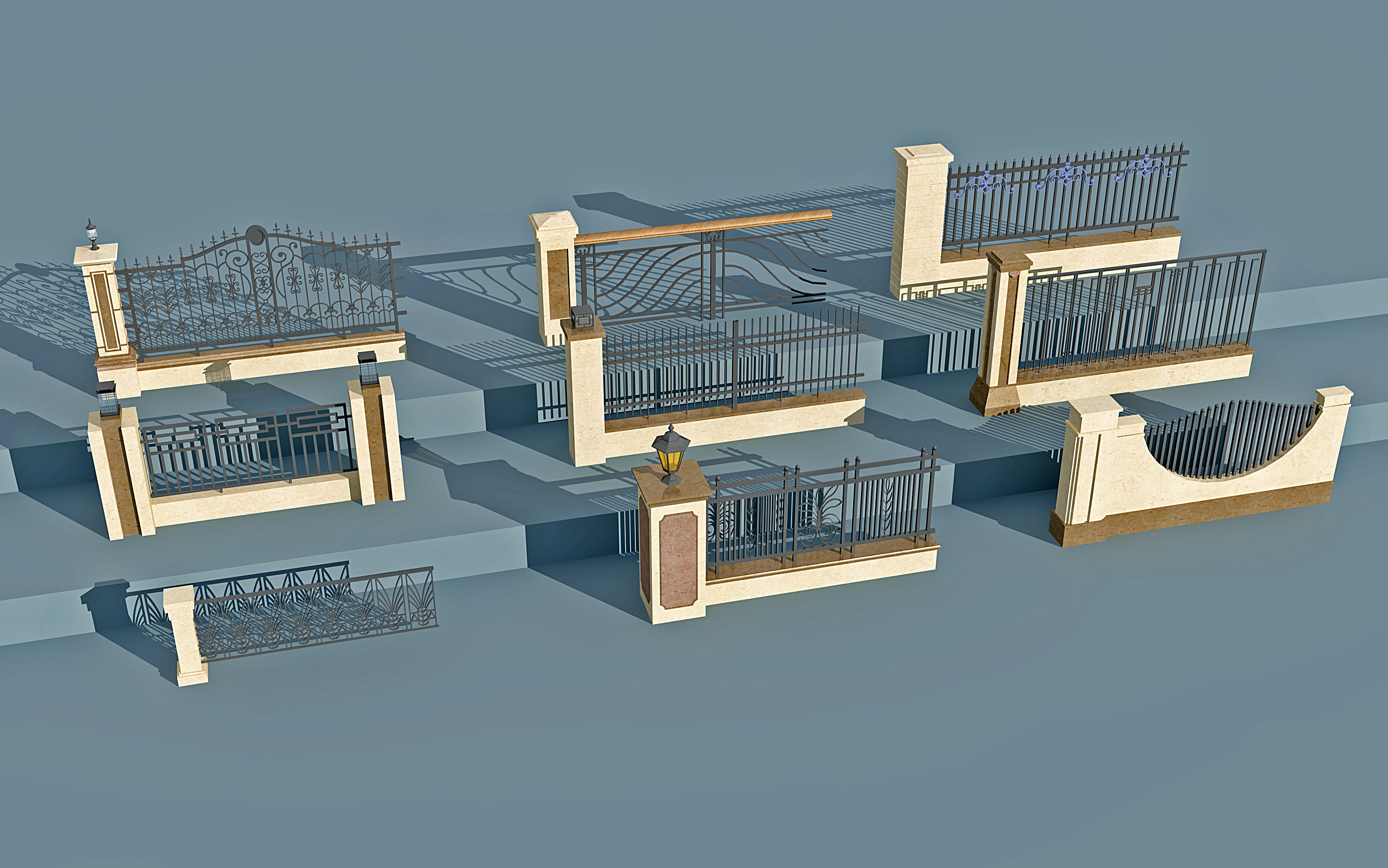 欧式铁艺栏杆大门，围墙，护栏院墙3d模型下载