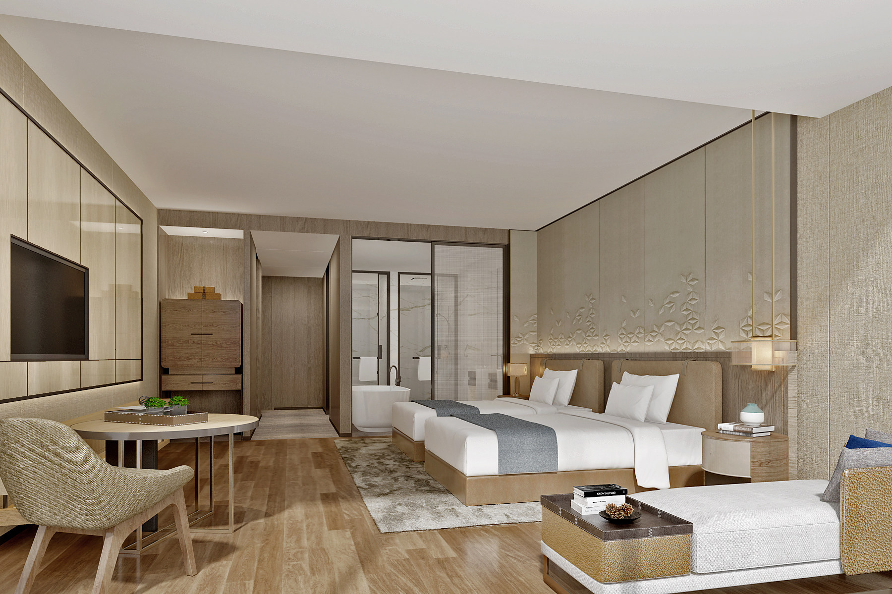 新中式酒店双床客房3d模型下载