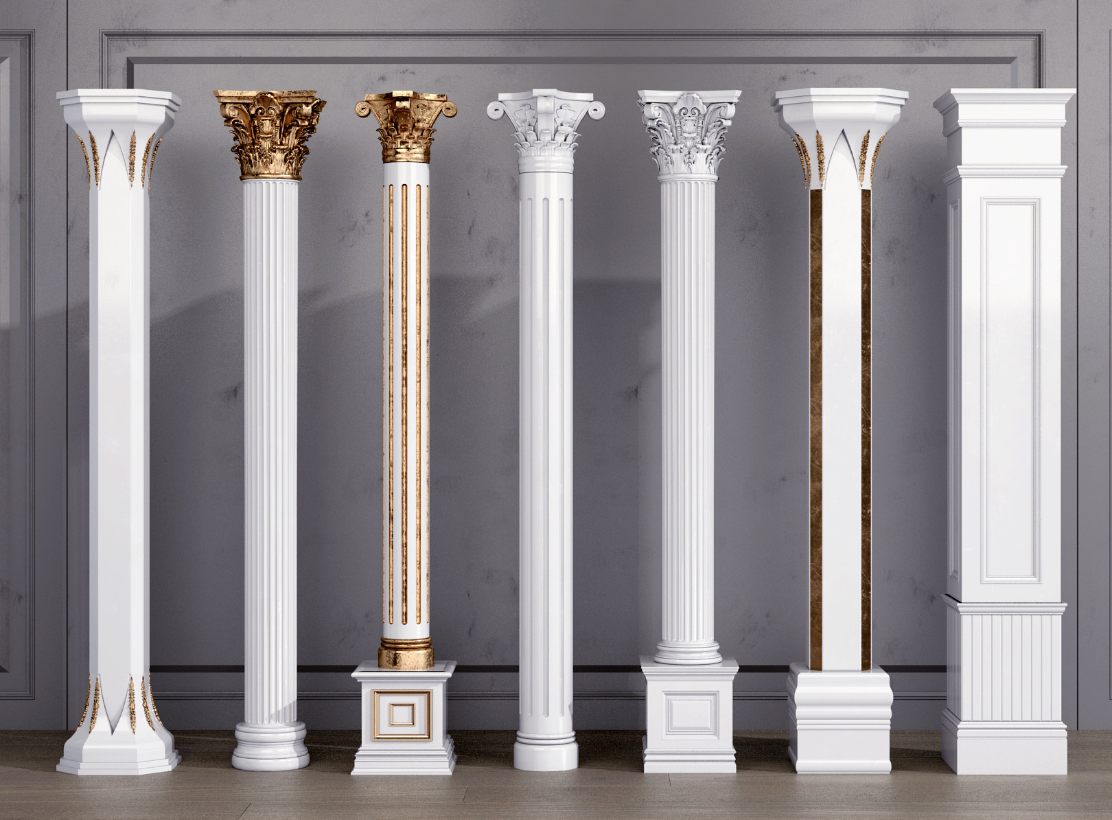 欧式雕花描金罗马柱柱头，柱子3d模型下载