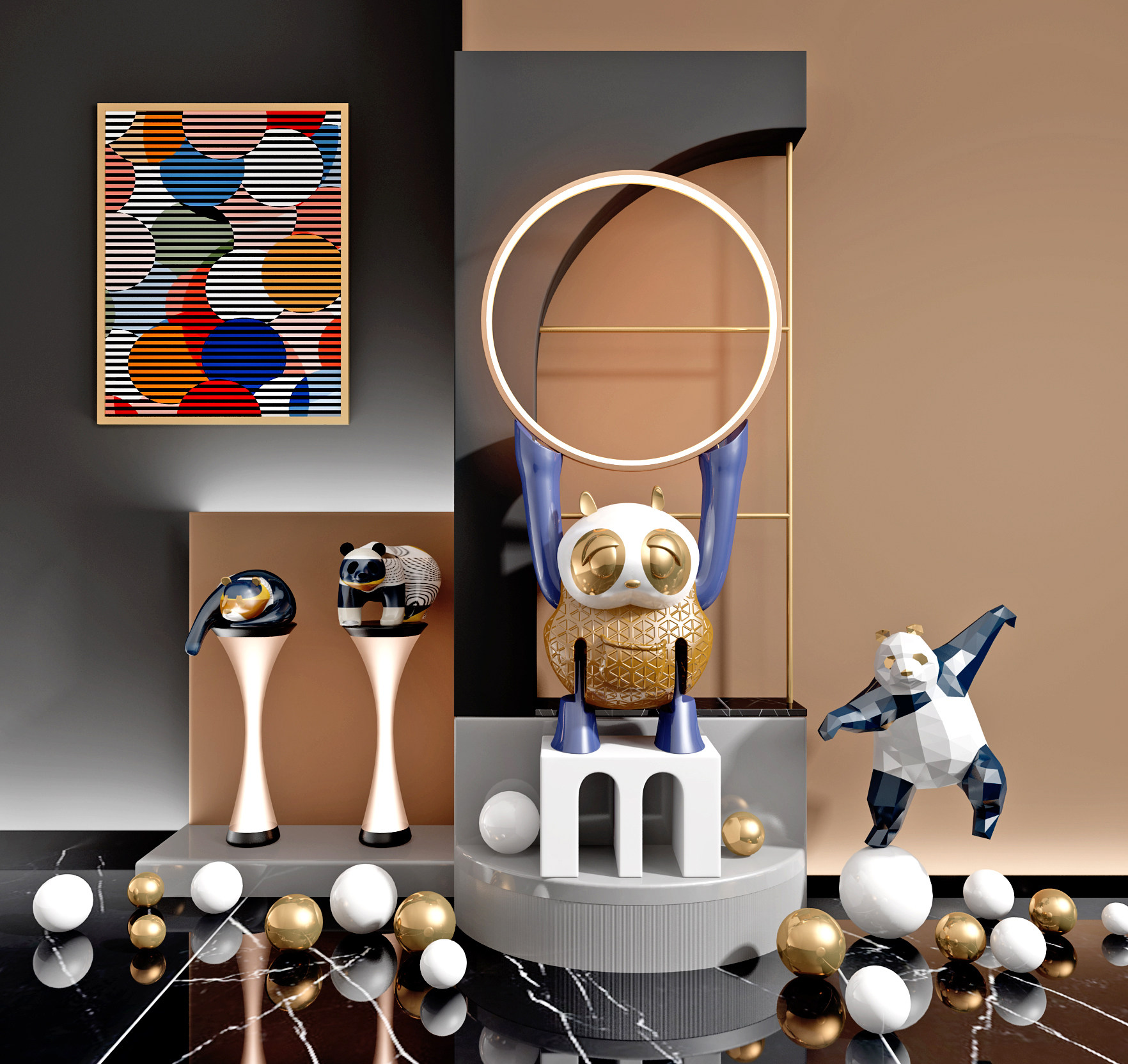 现代艺术熊猫雕塑摆件3d模型下载