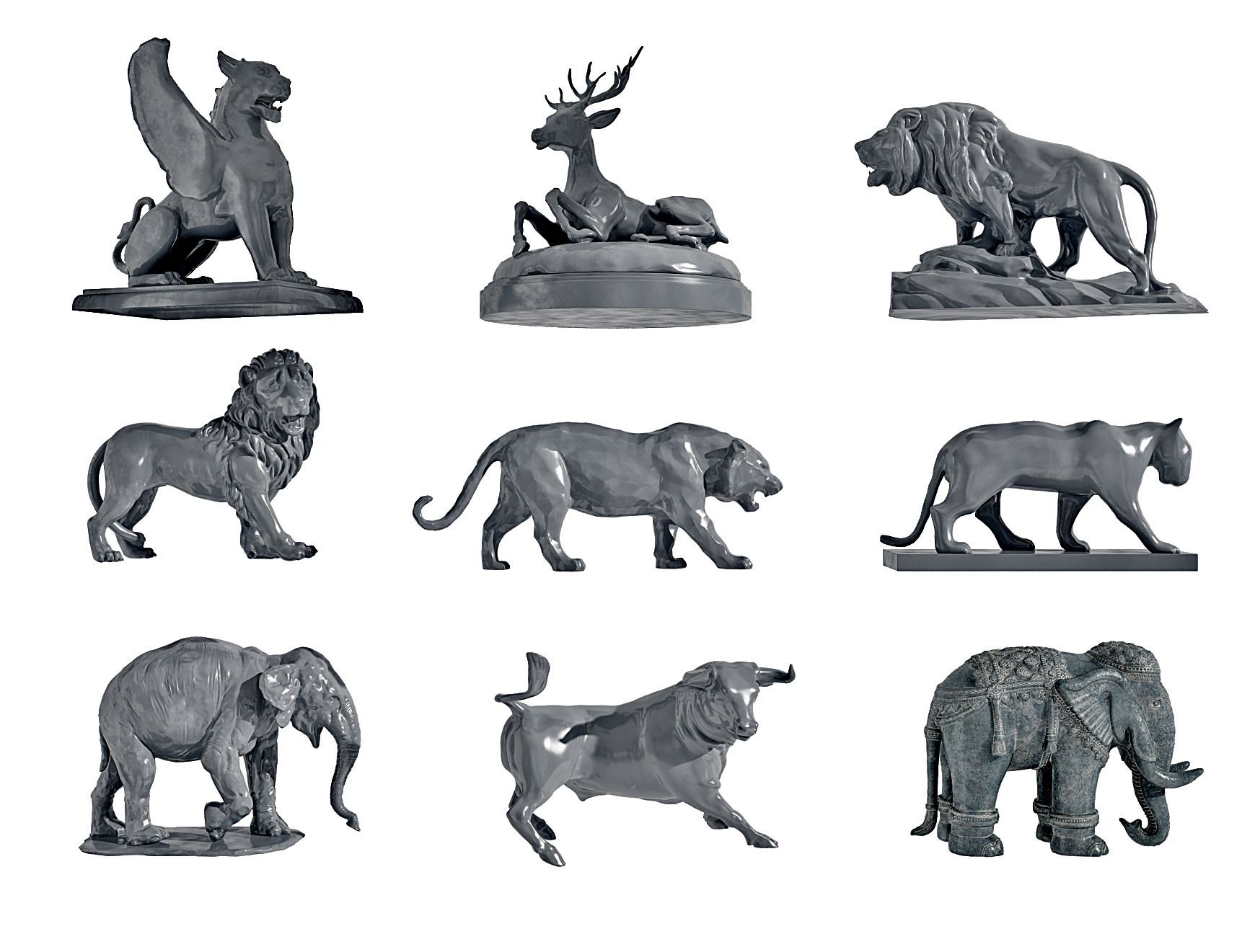 现代，狮子，大象，豹子，牛动物雕塑摆件3d模型下载
