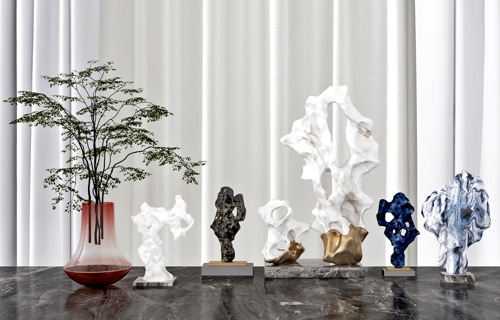 新中式珊瑚，太湖石雕塑绿植花瓶组合3d模型下载