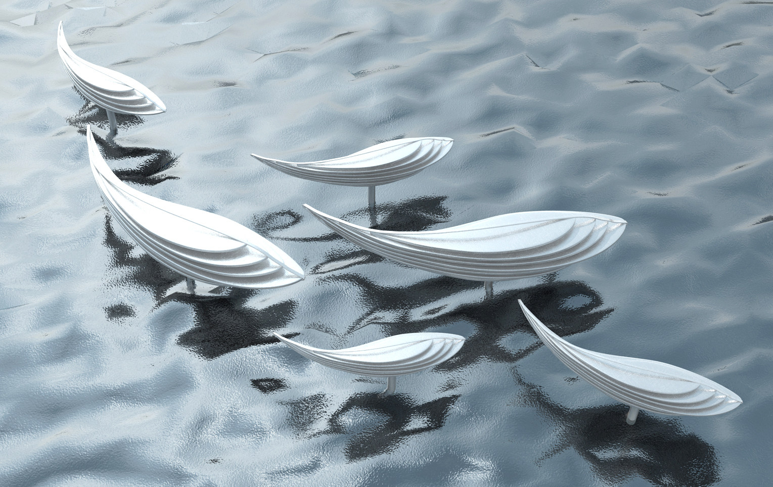 现代金属抽象鱼雕塑摆件，水景3d模型下载