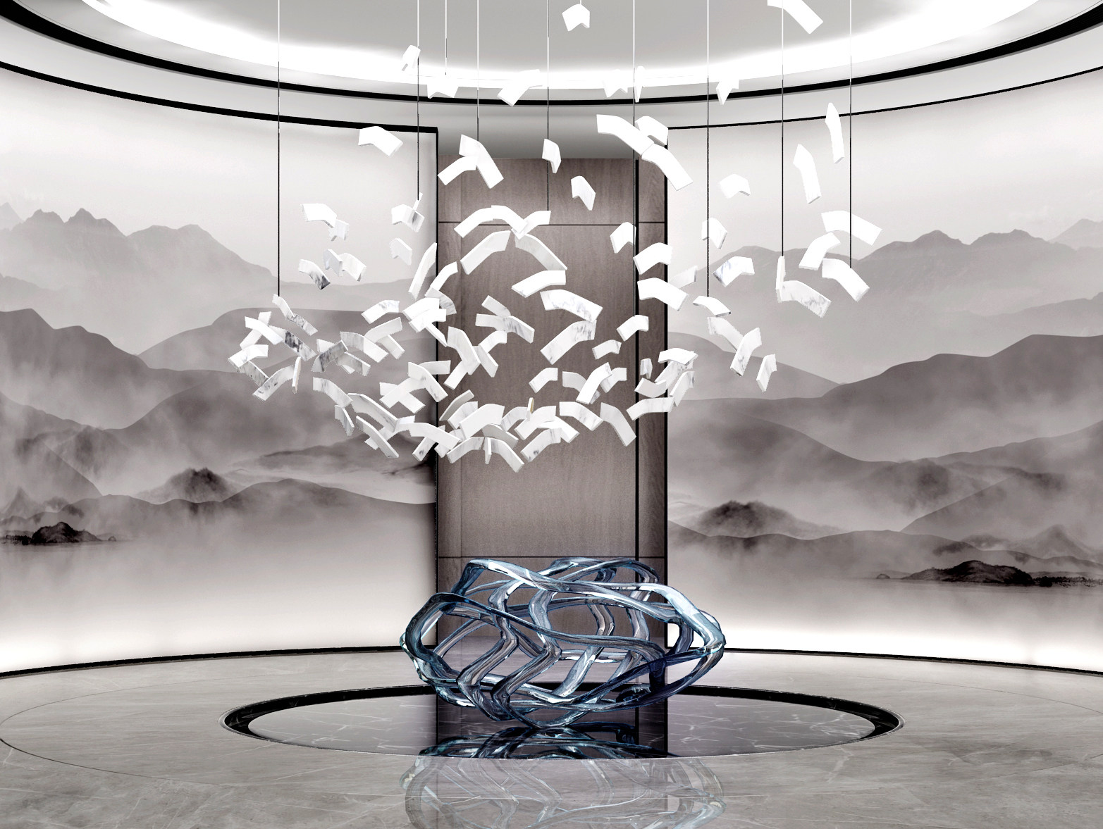 新中式艺术装置雕塑，水景，吊灯3d模型下载