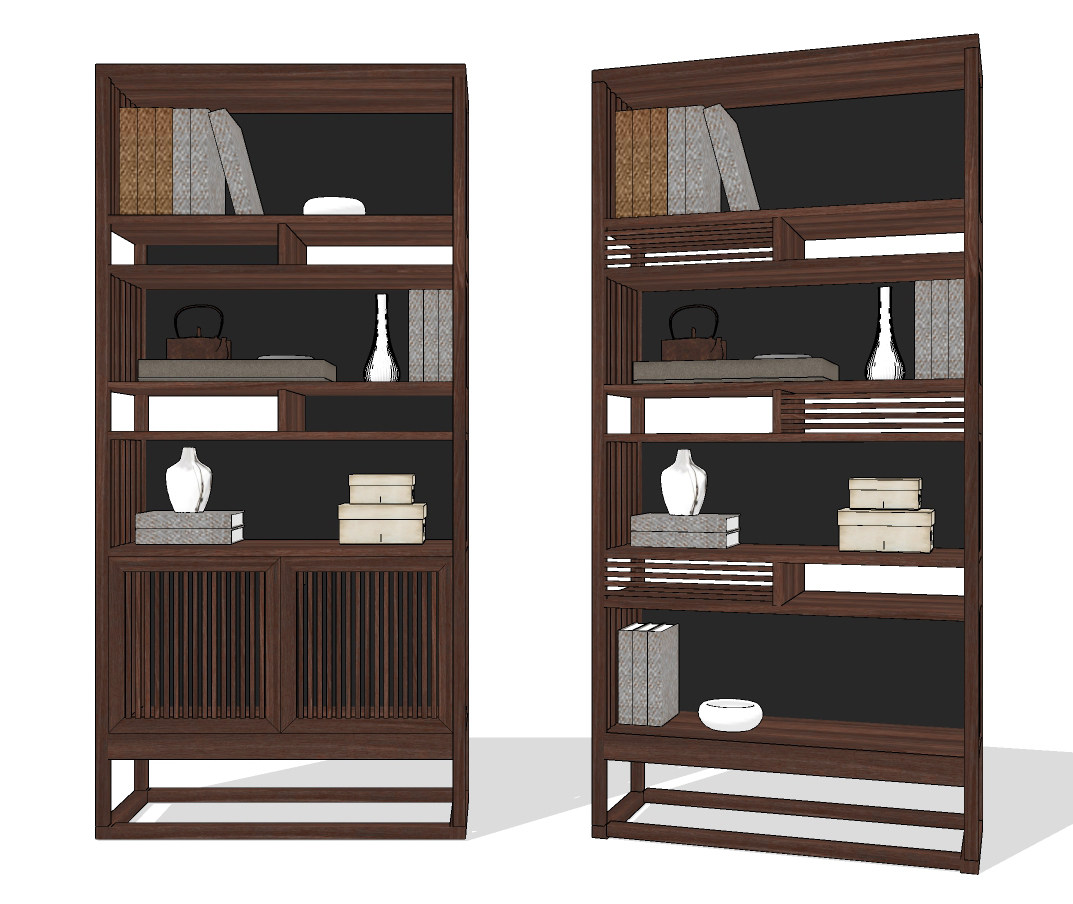 新中式实木书柜，装饰柜su草图模型下载