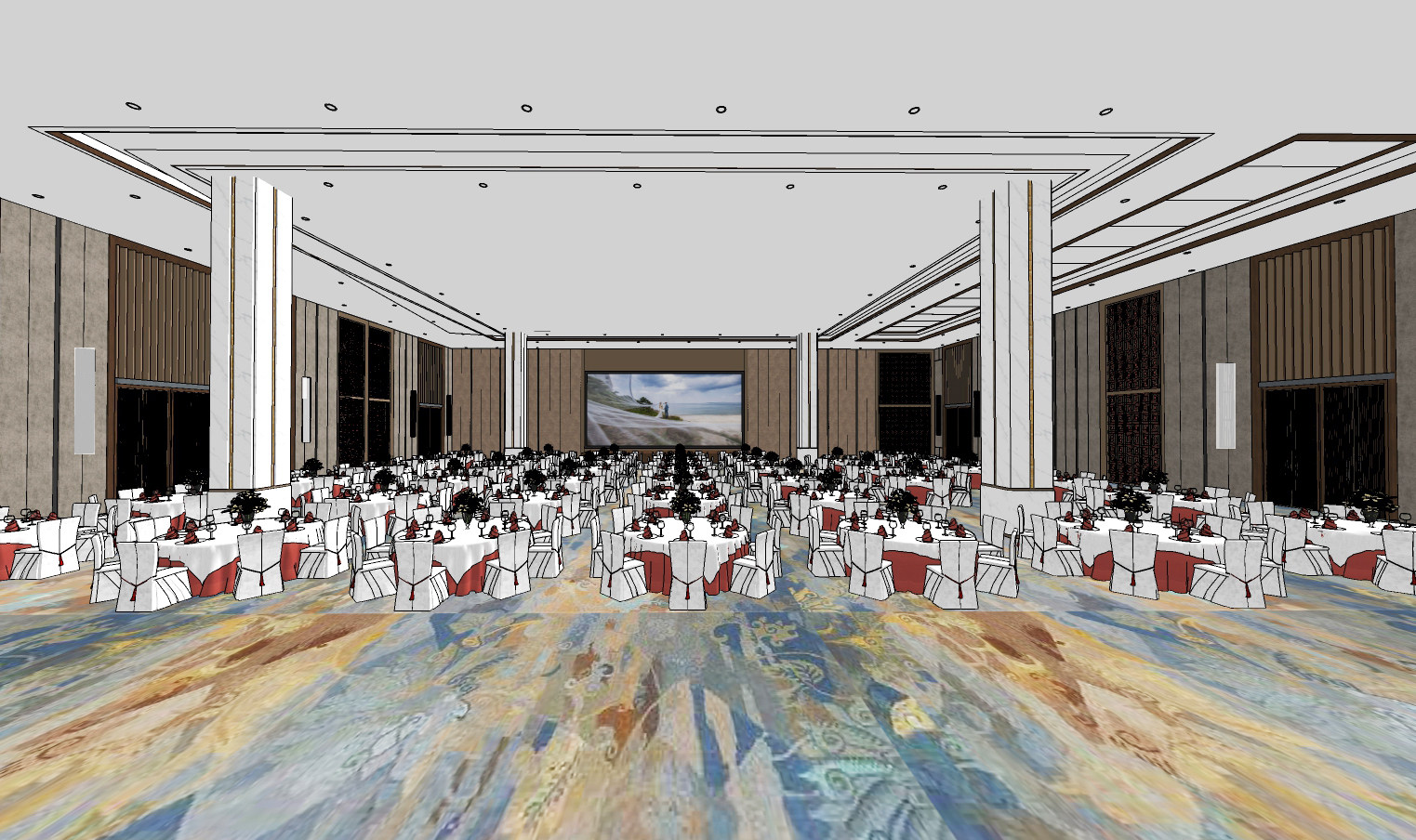 新中式酒店宴会厅su草图模型下载