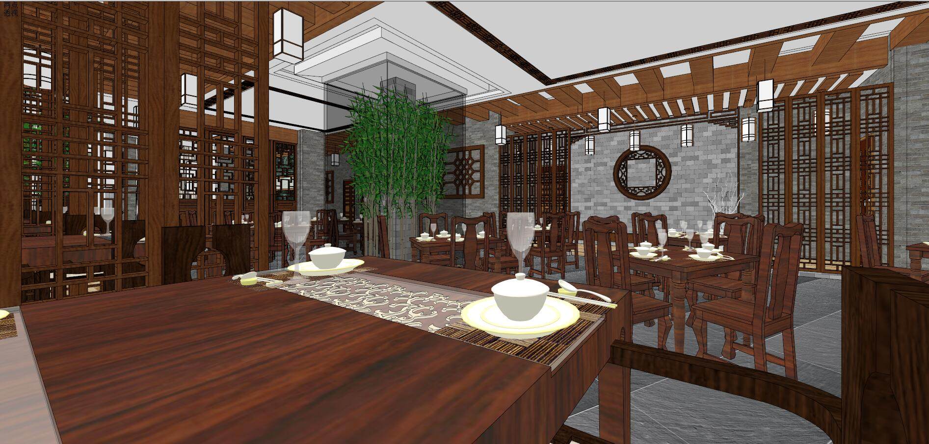 中式古典餐厅茶馆，家具餐桌椅，茶楼su草图模型下载