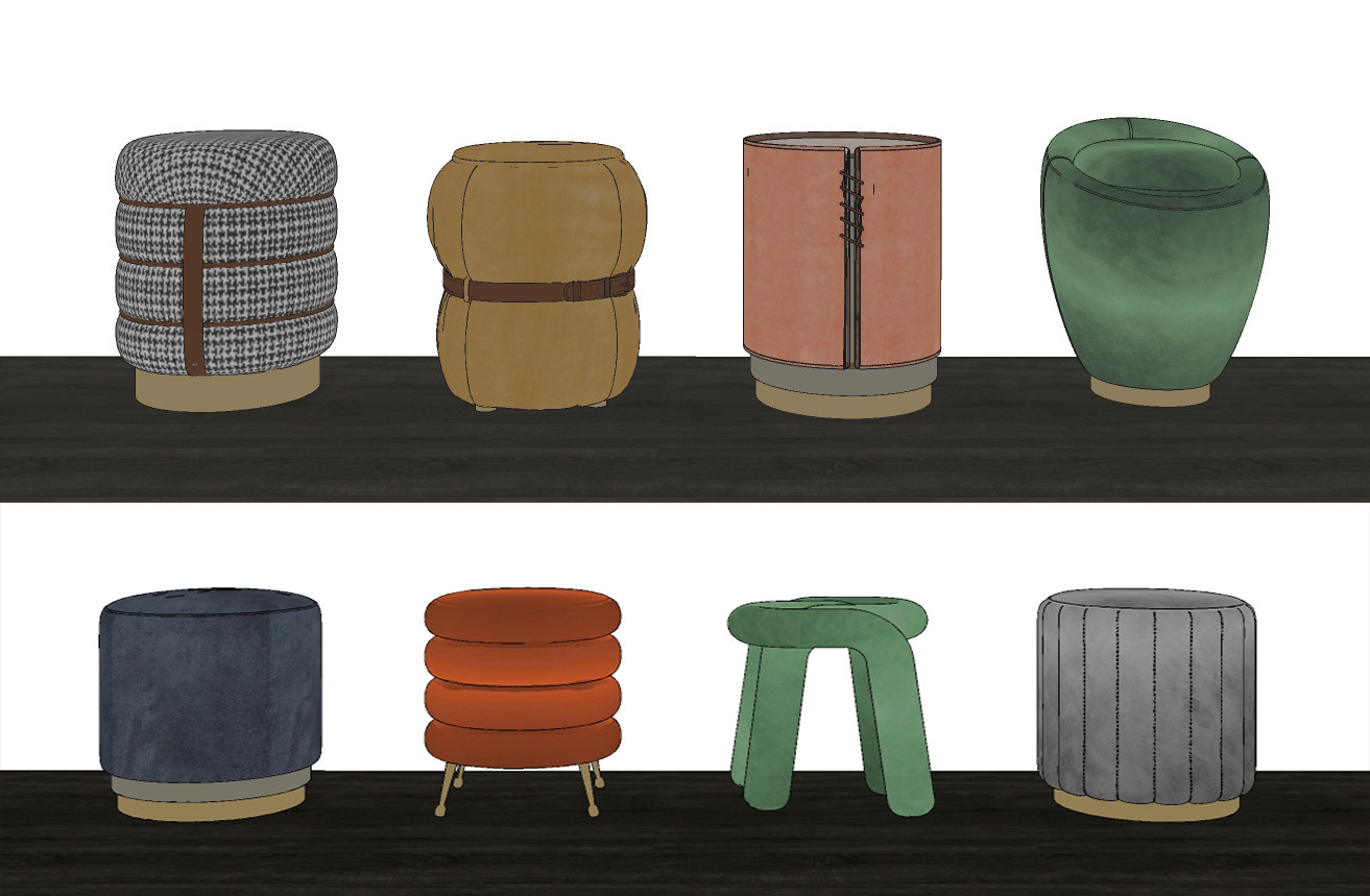 现代布艺凳子，圆墩，沙发凳su草图模型下载